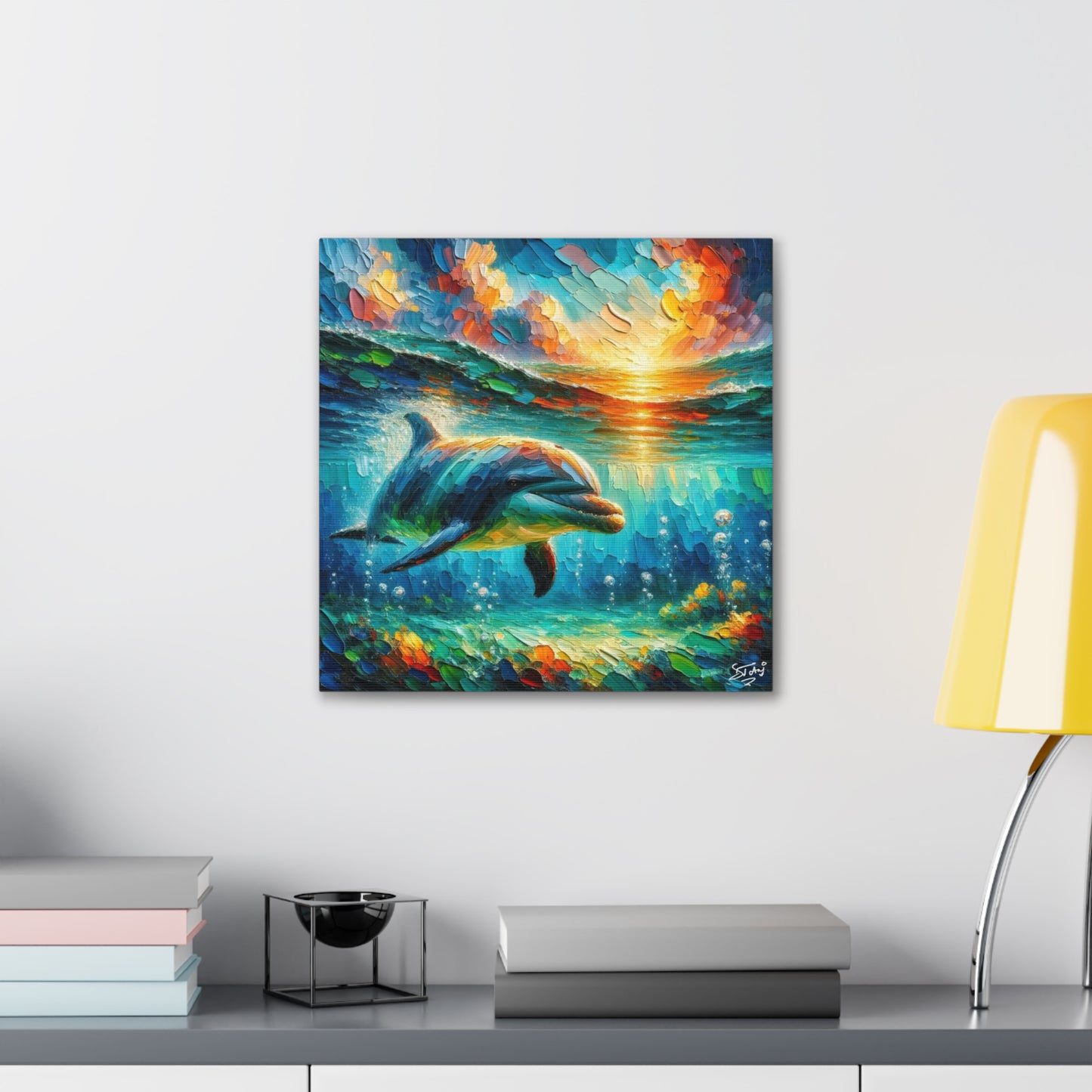 Art Print, Dolphin at Sunset, Oil Finish, Caribbean Nature, Semi-Abstract, Canvas Gallery Wrap