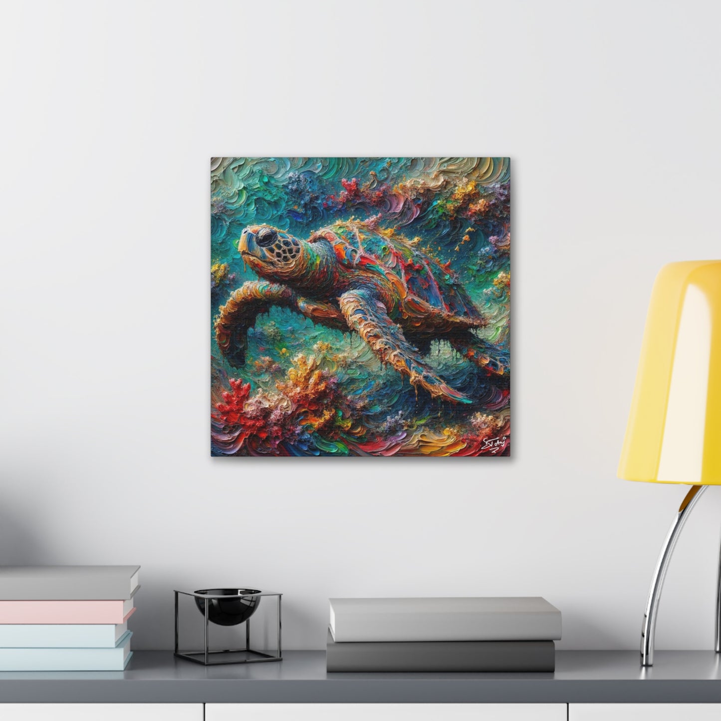 Art Print, Turtle in Reef, Oil Finish, Caribbean Nature, Cultural, Heritage, Semi-Abstract, Canvas Gallery Wrap