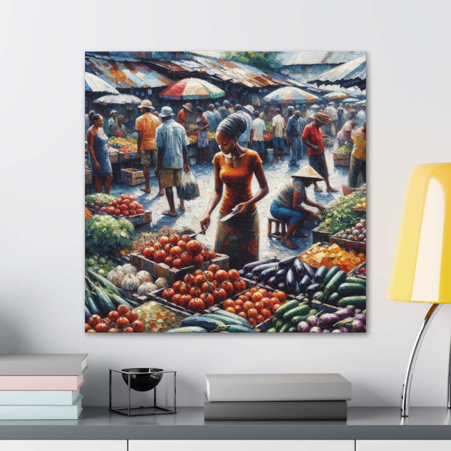 Art Print#4, "Selling at the Market", Market Scene in Trinidad, Caribbean, Oil Finish, West Indian Art, Canvas Gallery Wraps