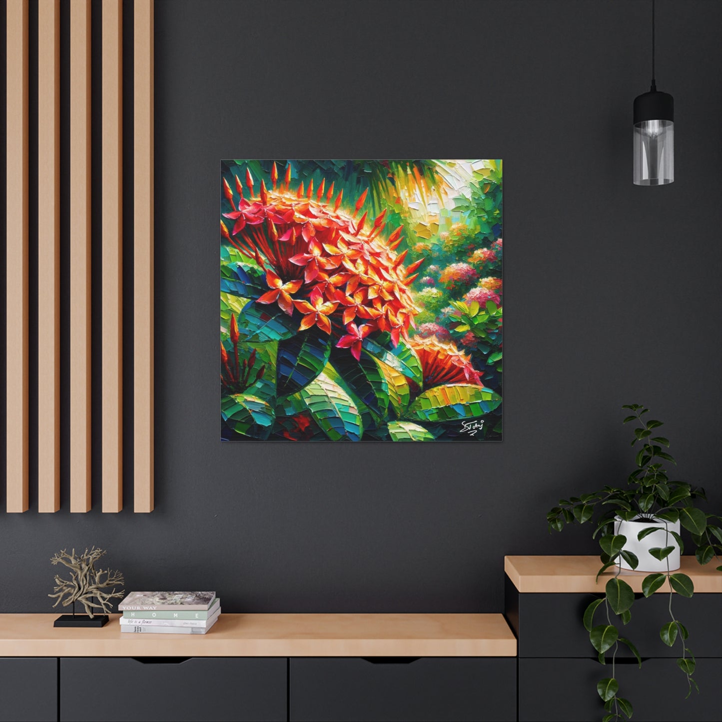 Art Print of Ixora Flowers, Oil Finish, West Indian Art, Canvas Gallery Wraps