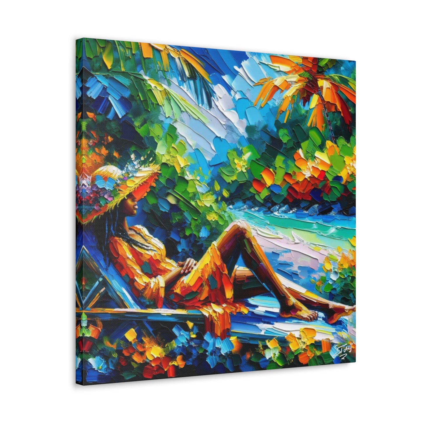 Art Print, Afro-Caribbean Woman, "Relaxing" Oil Finish, West Indian Ethnicity, Cultural, Heritage, Abstract, Canvas Gallery Wrap