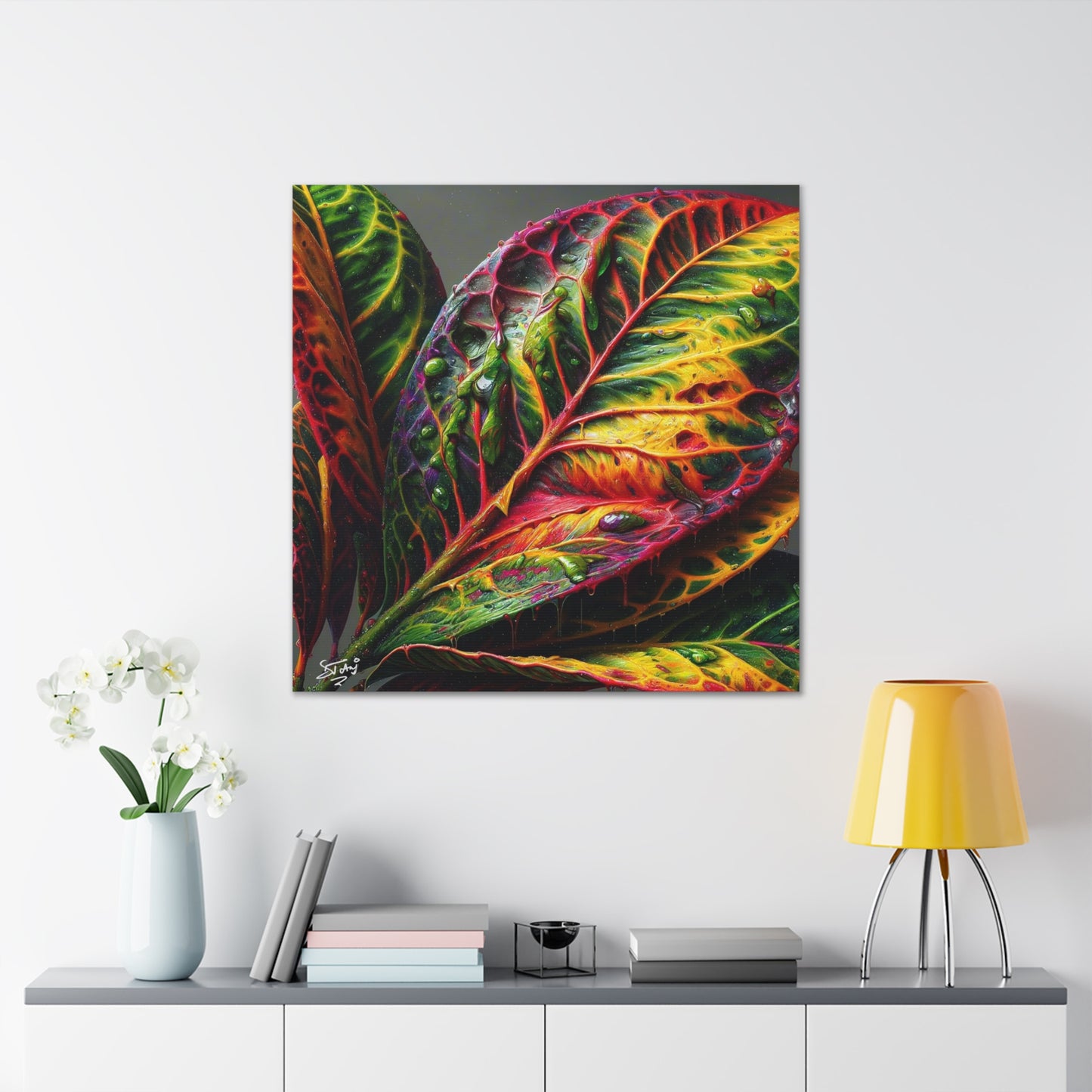 Oil Print#2 of Croton Plant, Close-up, Still Wet from Recent Rain, Caribbean, Tropical Plant, Canvas Gallery Wraps