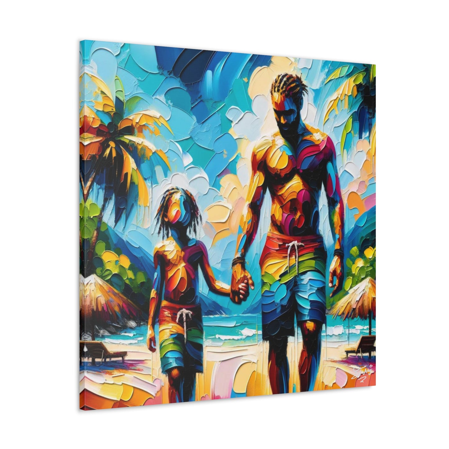 Art Print, Afro-Caribbean Father & Son, Oil Finish, West Indian Ethnicity, Cultural, Heritage, Semi-Abstract, Canvas Gallery Wrap