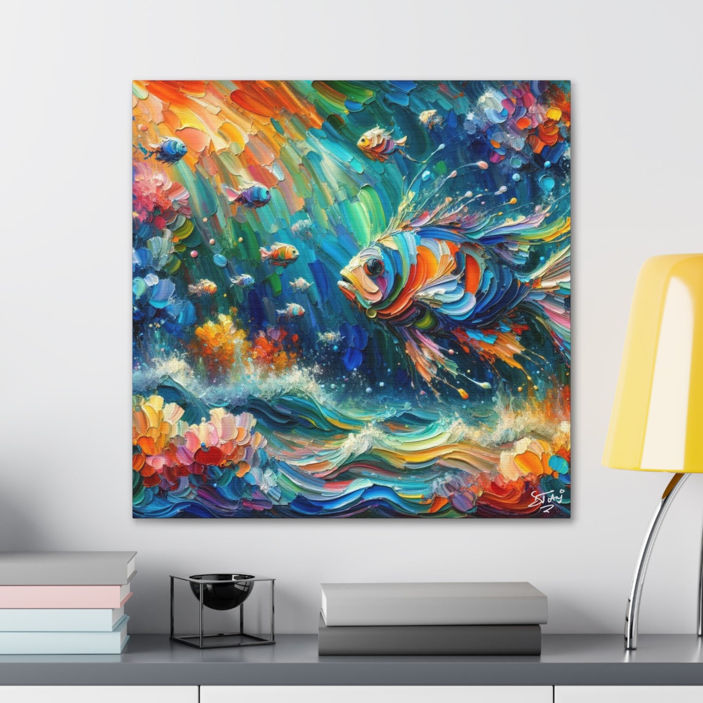 Art Print, Fishes in Coral Reef, Oil Finish, Caribbean Nature, Semi-Abstract, Canvas Gallery Wrap