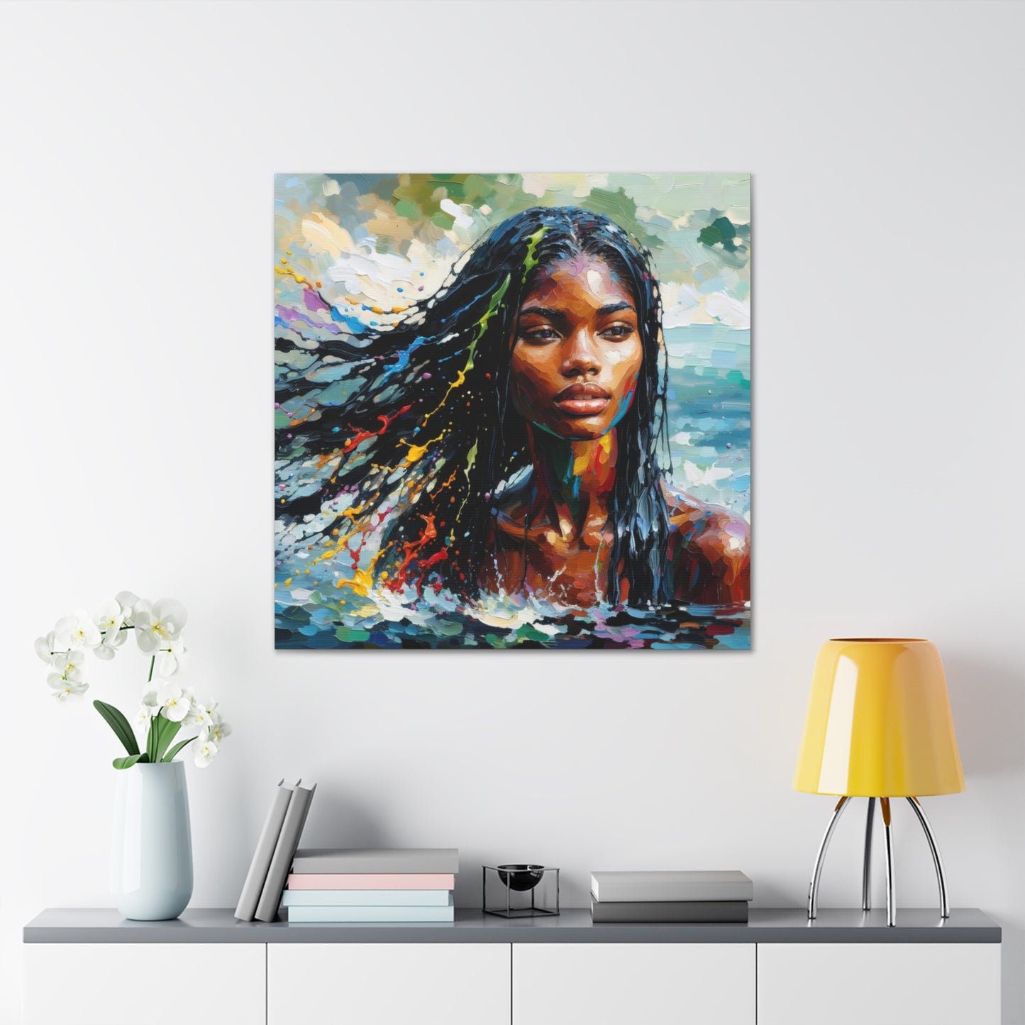 Art Print#4 of Trini Woman - Chilling in the Caribbean Sea, Oil Finish, West Indian Ethnicity, Cultural, Heritage Art, Canvas Gallery Wraps