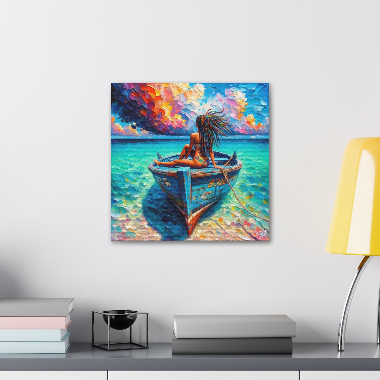 Art Print, Afro-Caribbean Woman "Chilling in the Boat (2)" Oil Finish, West Indian Ethnicity, Cultural, Heritage, Semi-Abstract, Canvas Gallery Wrap