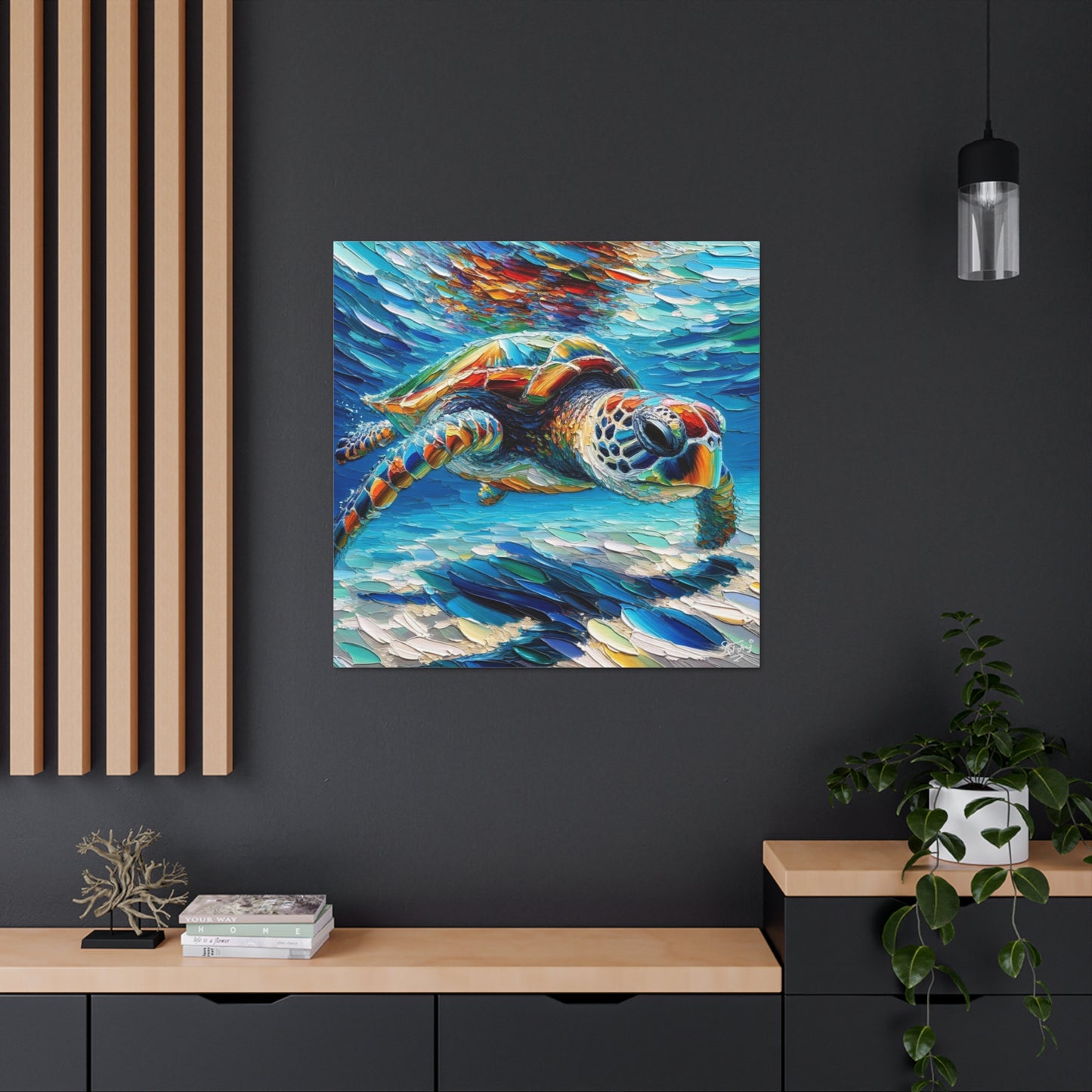 Art Print, Turtle in Reef, Oil Finish, Caribbean Nature, Cultural, Heritage, Semi-Abstract, Canvas Gallery Wrap