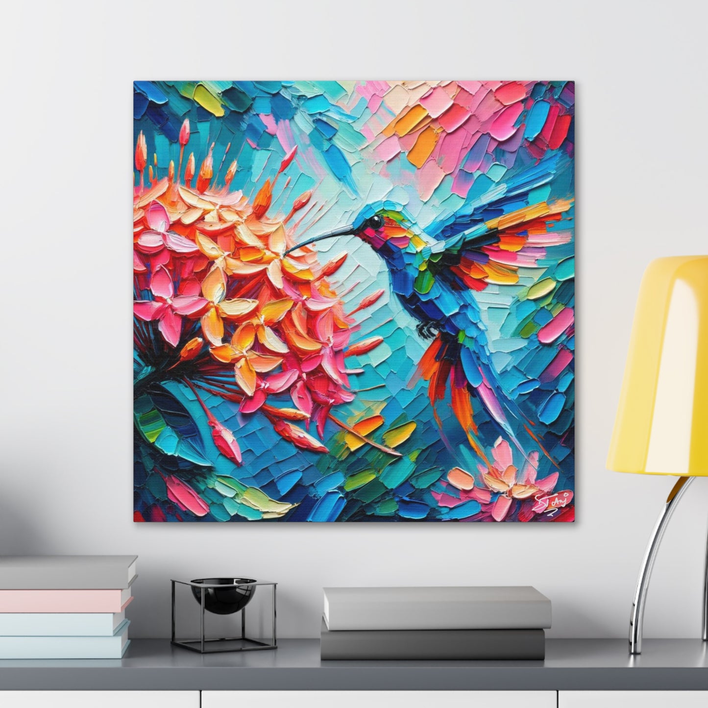 Art Print, Hummingbird on Ixora, Oil Finish, Caribbean Nature, Cultural, Heritage, Semi-Abstract, Canvas Gallery Wrap