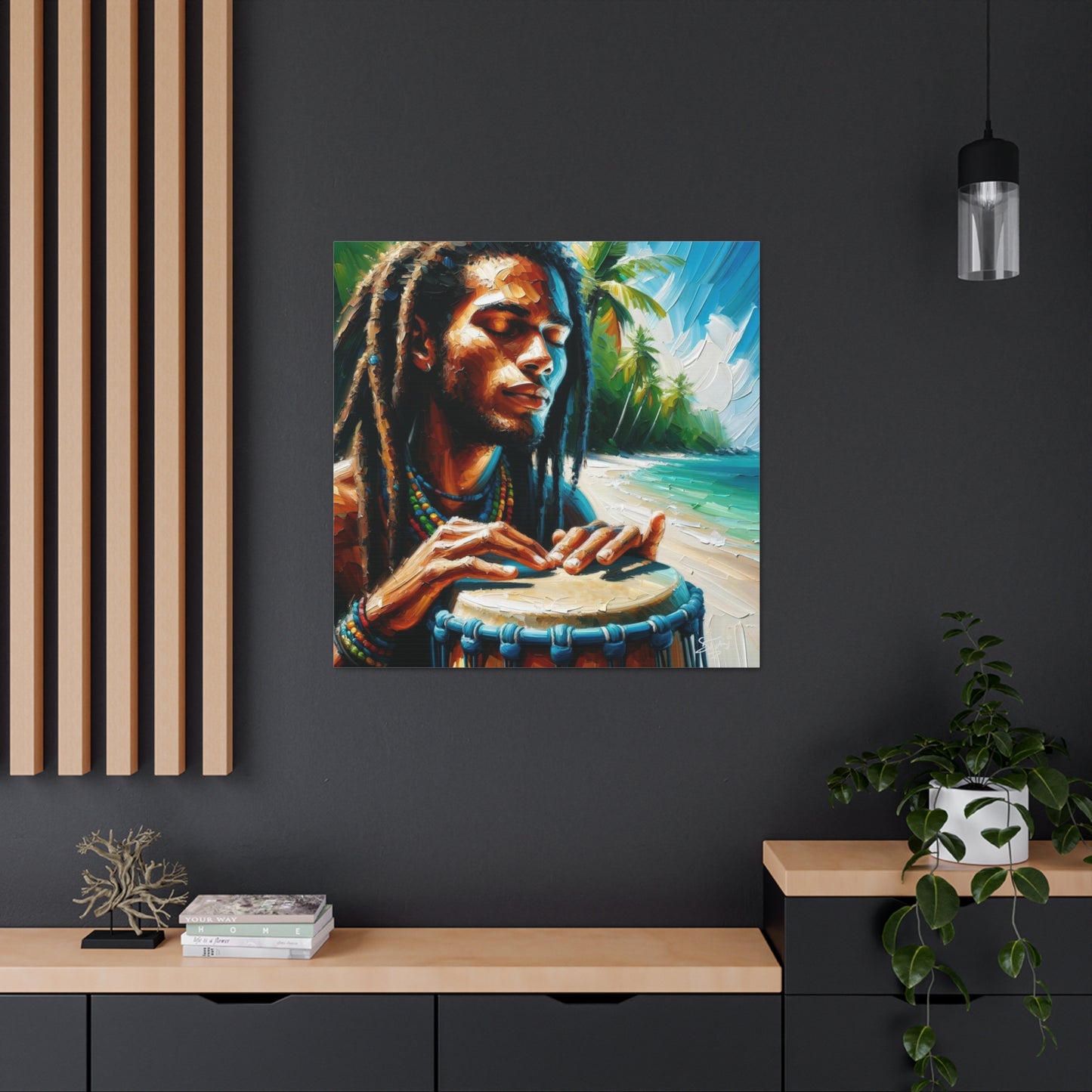 Art Print, Afro-Caribbean Man, "Drumming" Oil Finish, West Indian Ethnicity, Cultural, Heritage, Abstract, Canvas Gallery Wrap