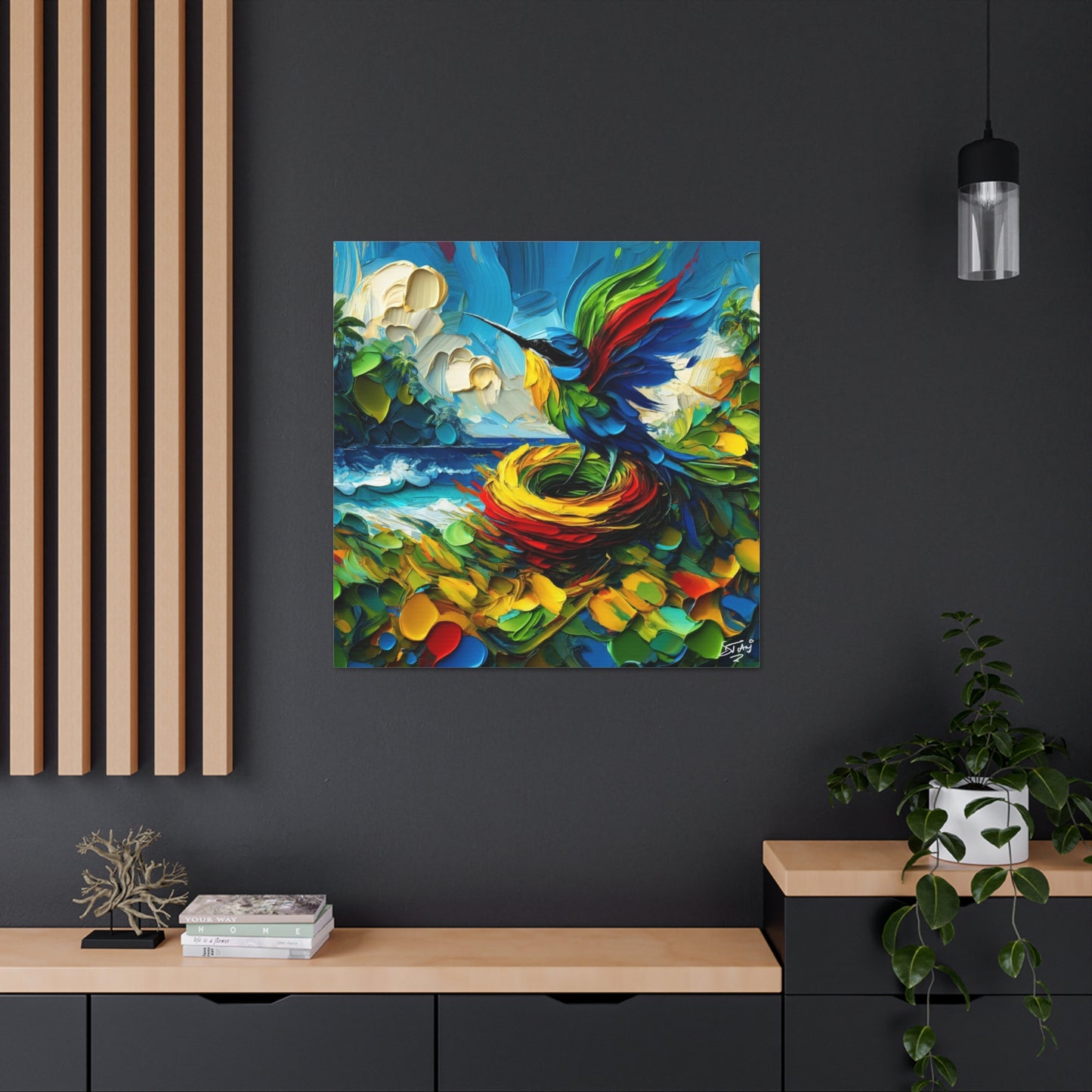 Art Print, Hummingbird, Oil Finish, Caribbean Nature, Cultural, Heritage, Semi-Abstract, Canvas Gallery Wrap