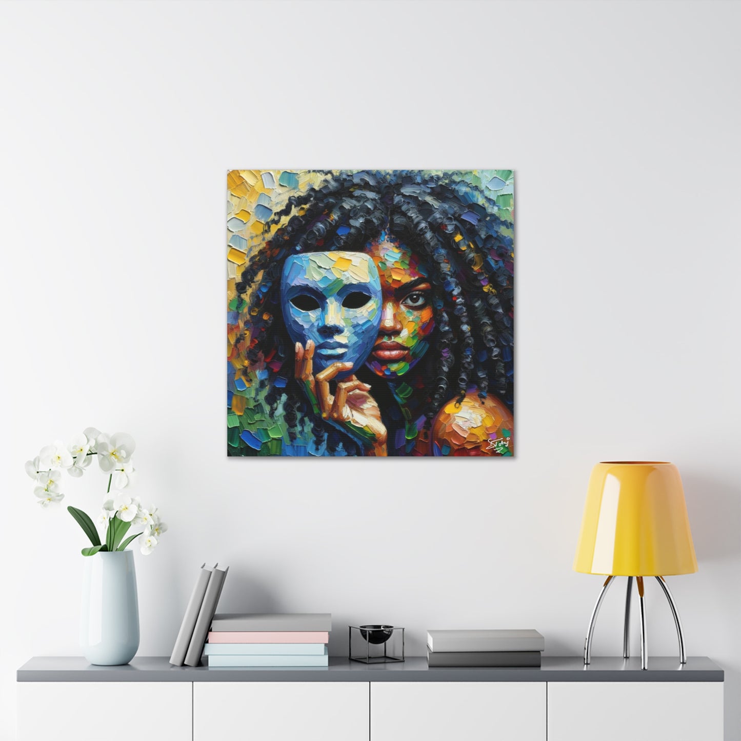 Art Print, Afro-Caribbean Woman Behind Mask, Oil Finish, West Indian Ethnicity, Cultural, Heritage, Semi-Abstract, Canvas Gallery Wrap