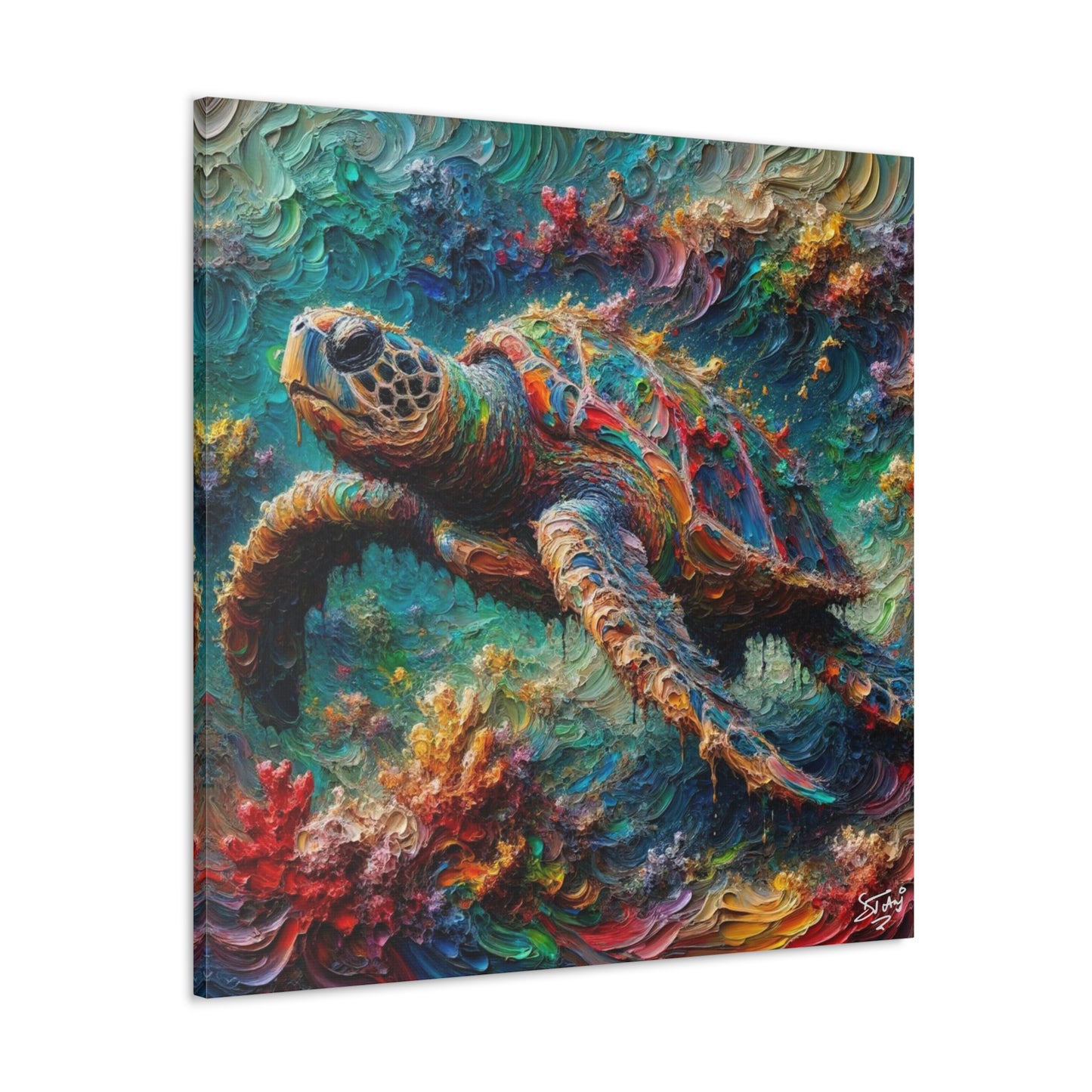 Art Print, Turtle in Reef, Oil Finish, Caribbean Nature, Cultural, Heritage, Semi-Abstract, Canvas Gallery Wrap