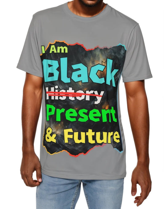 Men's Brushed Polyester Short Sleeve Tee (AOP), "I Am Black Present & Future"