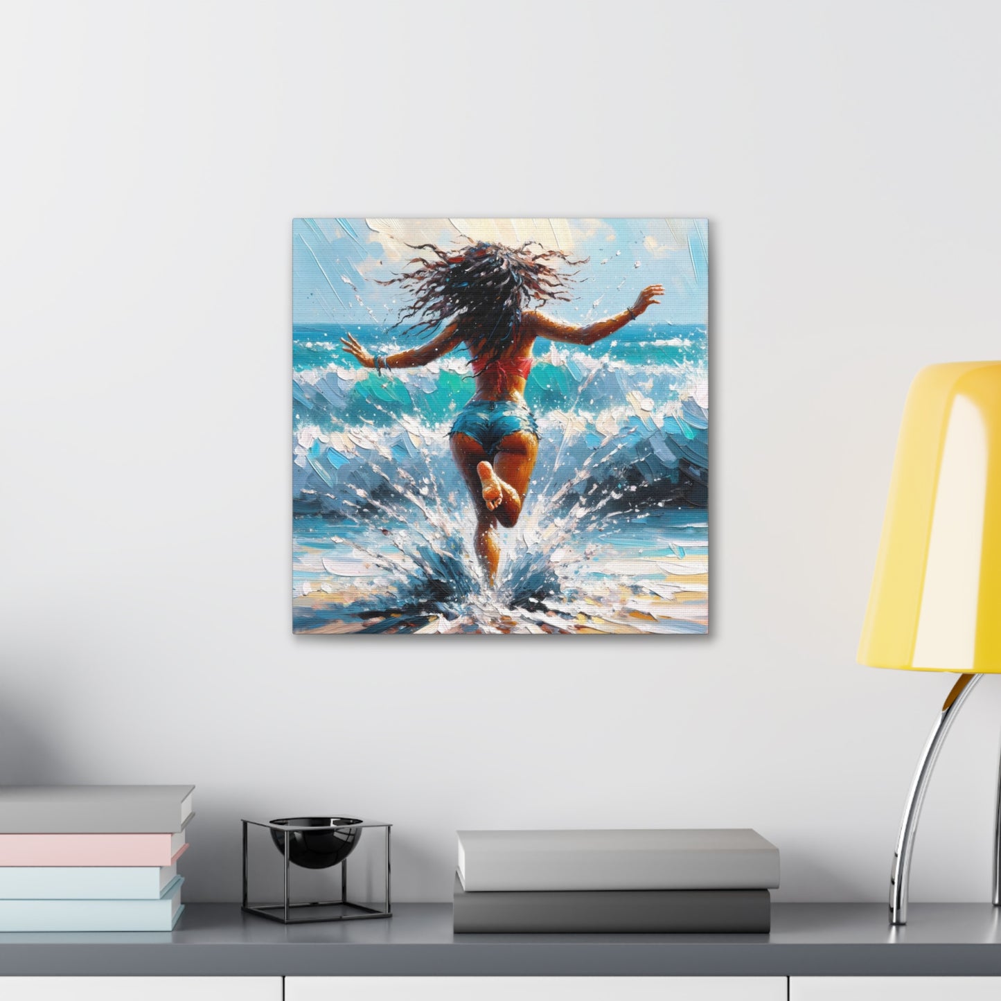 Art Print, East Indian Woman from Trinidad running into the Atlantic Ocean, Caribbean, Oil Finish, West Indian Art, Canvas Gallery Wraps