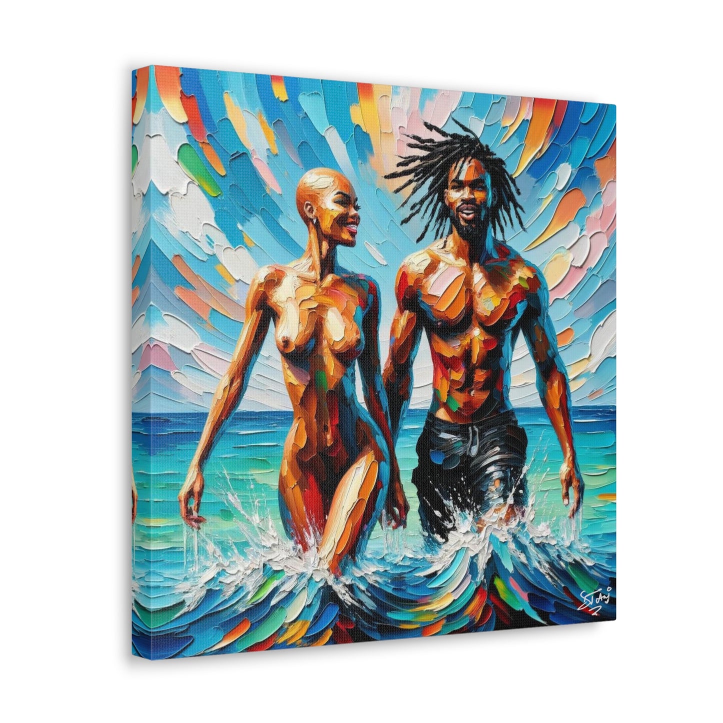 Art Print, Afro-Caribbean Couple in the Ocean, Oil Finish, West Indian Ethnicity, Cultural, Heritage, Semi-Abstract, Canvas Gallery Wrap