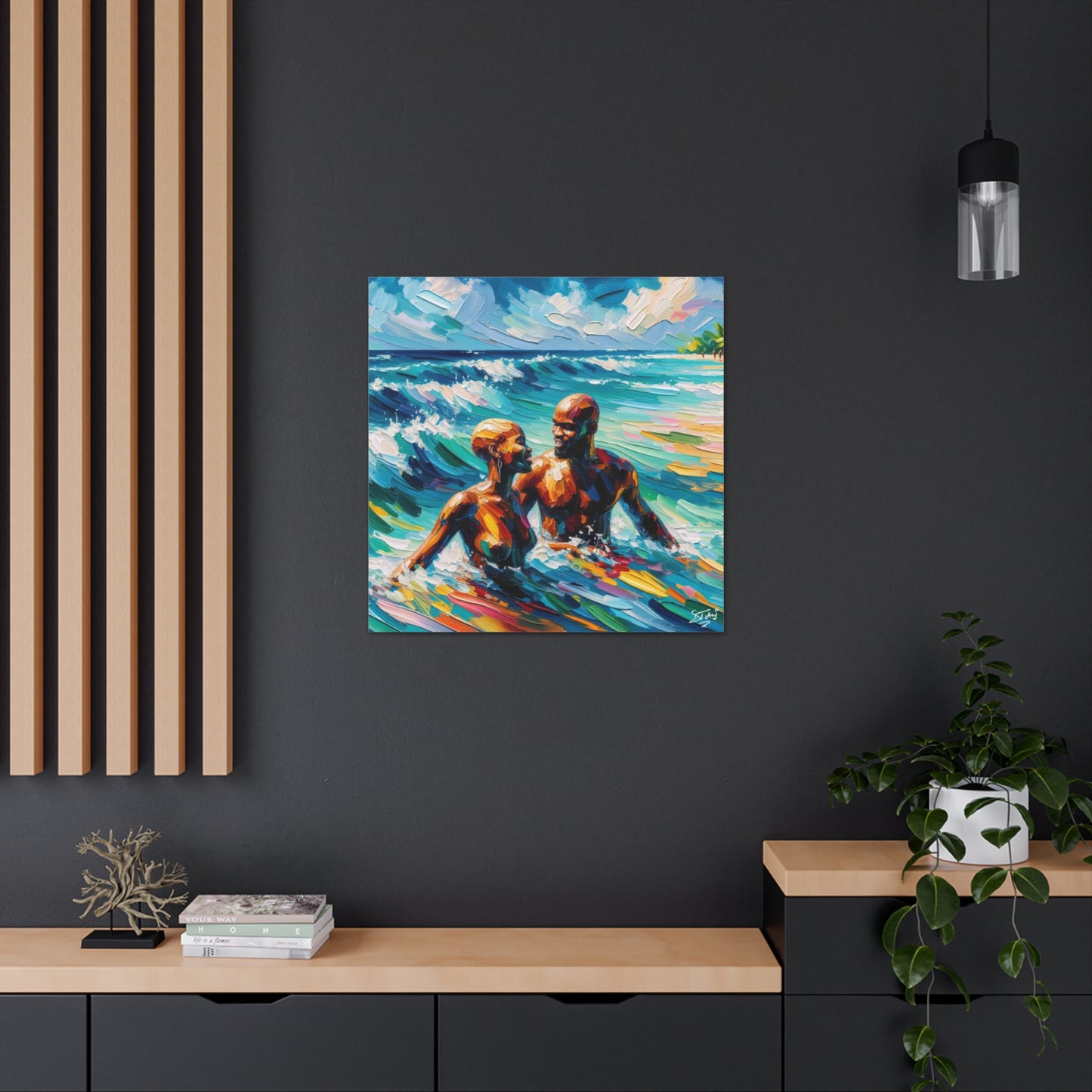 Art Print, Afro-Caribbean Couple "Skinny Dipping," Oil Finish, West Indian Ethnicity, Cultural, Heritage, Semi-Abstract, Canvas Gallery Wrap