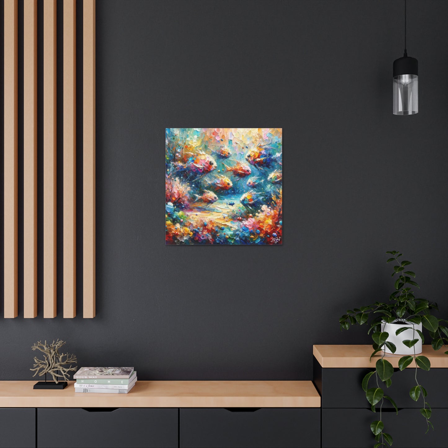 Art Print, Fishes in Coral Reef, Oil Finish, Caribbean Nature, Semi-Abstract, Canvas Gallery Wrap