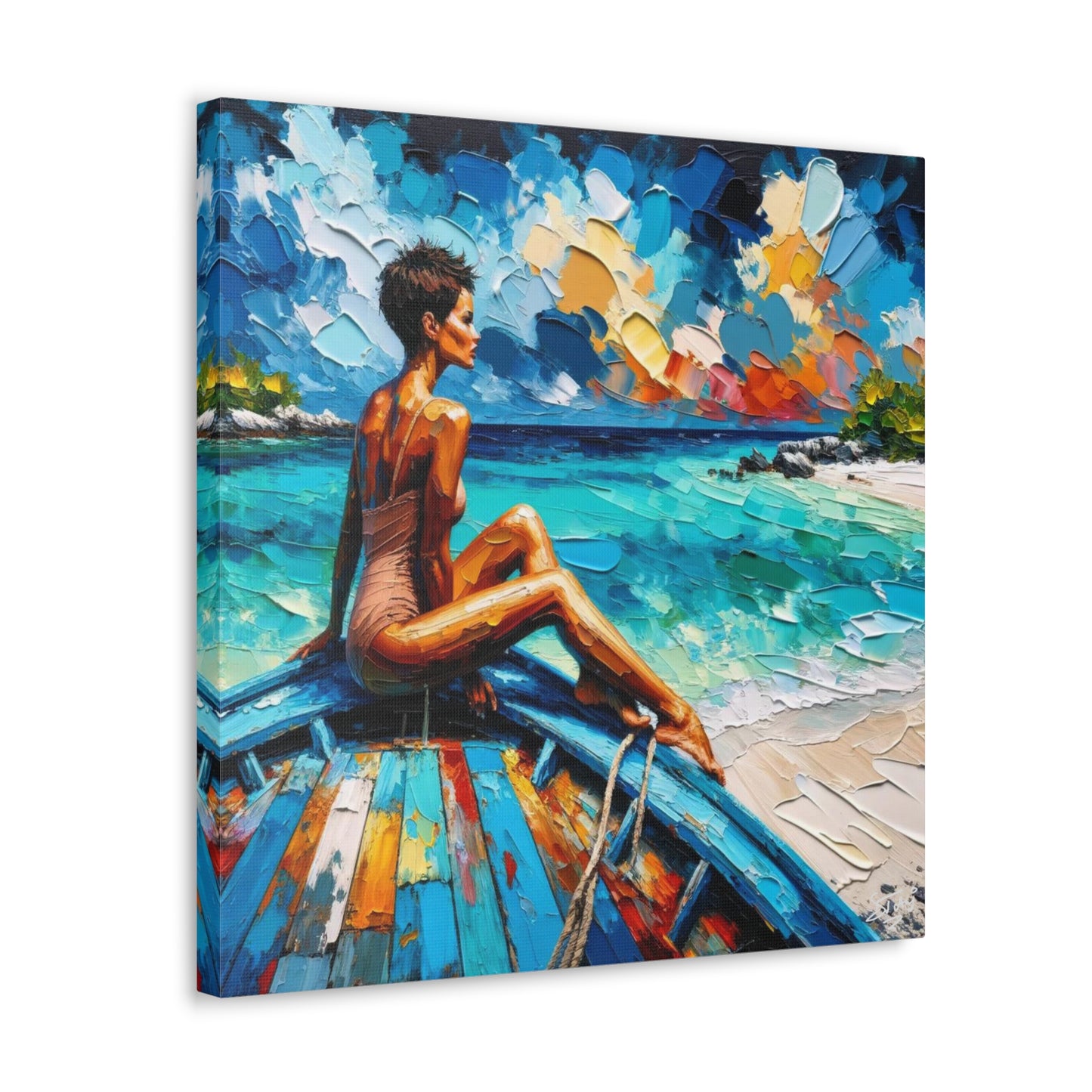 Art Print, Caribbean Woman "Chilling in the Boat" Oil Finish, West Indian Ethnicity, Cultural, Heritage, Semi-Abstract, Canvas Gallery Wrap