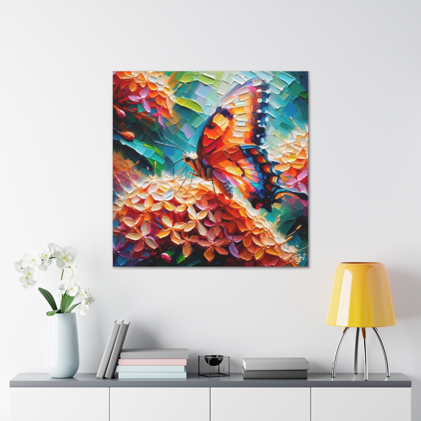 Art Print, Butterfly on Ixoras, Oil Finish, Caribbean Nature, Cultural, Heritage, Semi-Abstract, Canvas Gallery Wrap