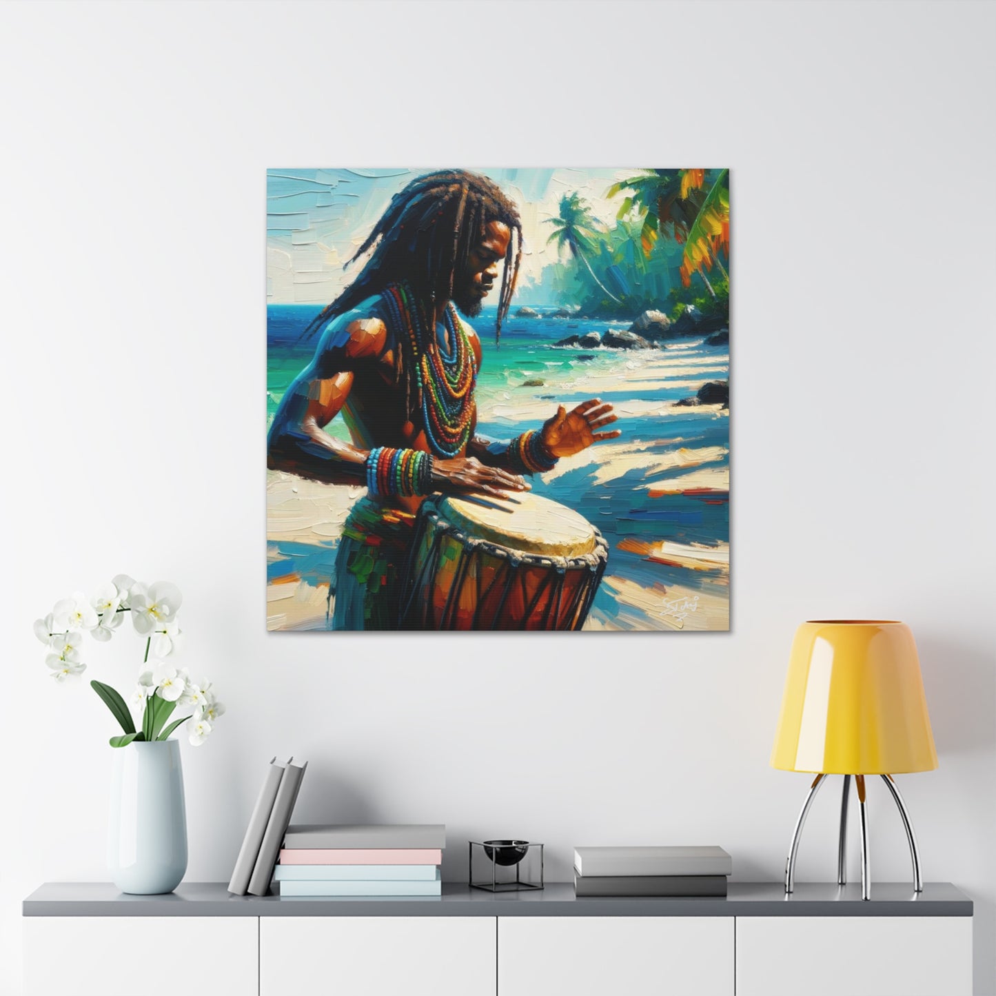 Art Print, Afro-Caribbean Man, "Drumming" Oil Finish, West Indian Ethnicity, Cultural, Heritage, Abstract, Canvas Gallery Wrap