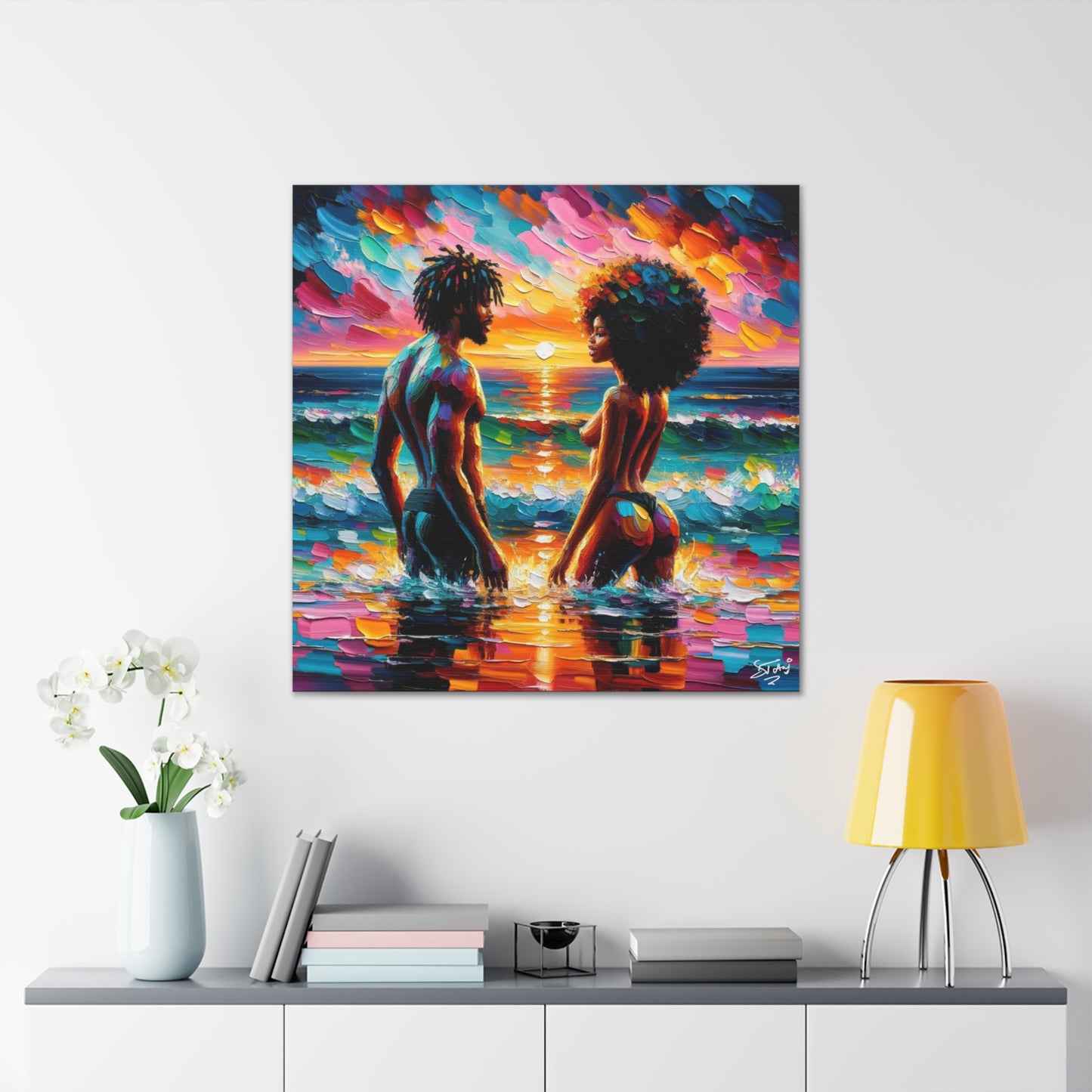 Art Print, Afro-Caribbean Couple in the Ocean, Oil Finish, West Indian Ethnicity, Cultural, Heritage, Semi-Abstract, Canvas Gallery Wrap