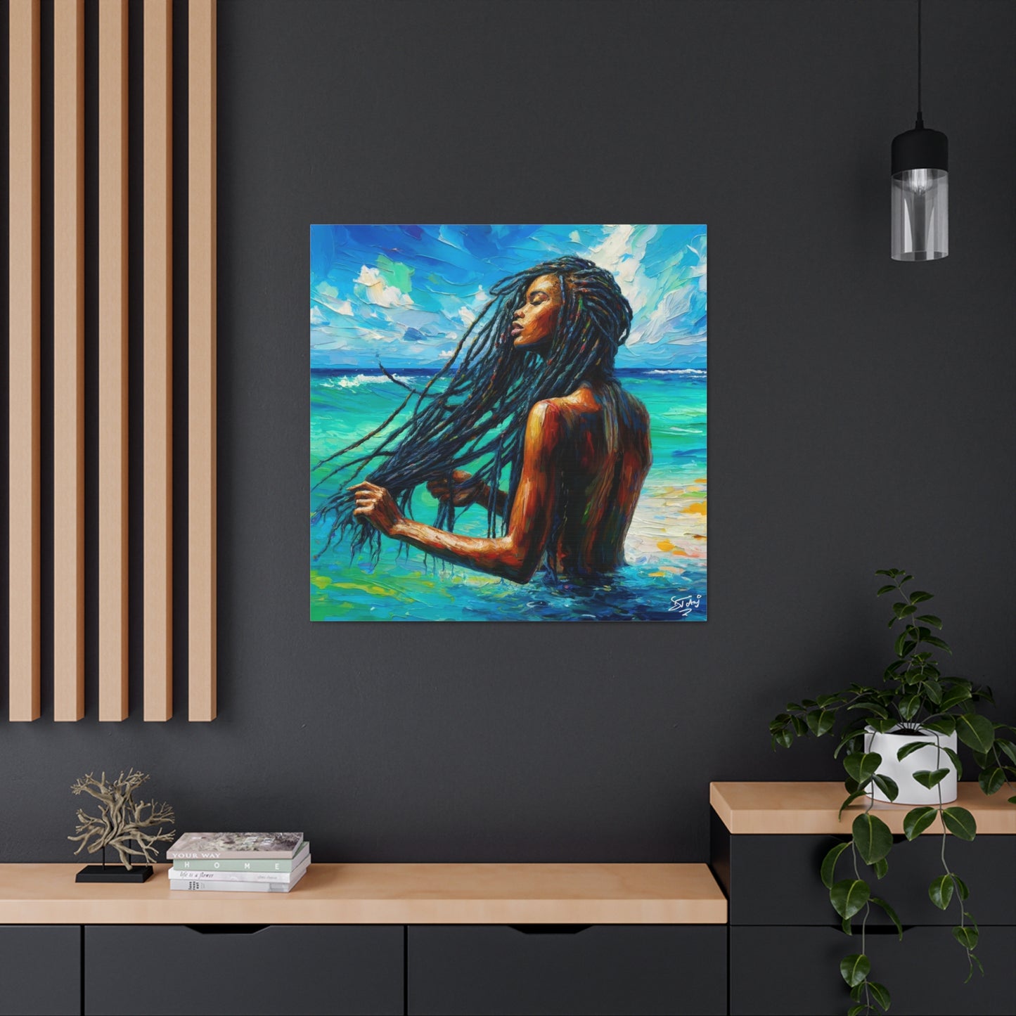 Art Print, Afro-Caribbean Woman "Chilling in the Ocean" Oil Finish, West Indian Ethnicity, Cultural, Heritage, Semi-Abstract, Canvas Gallery Wrap