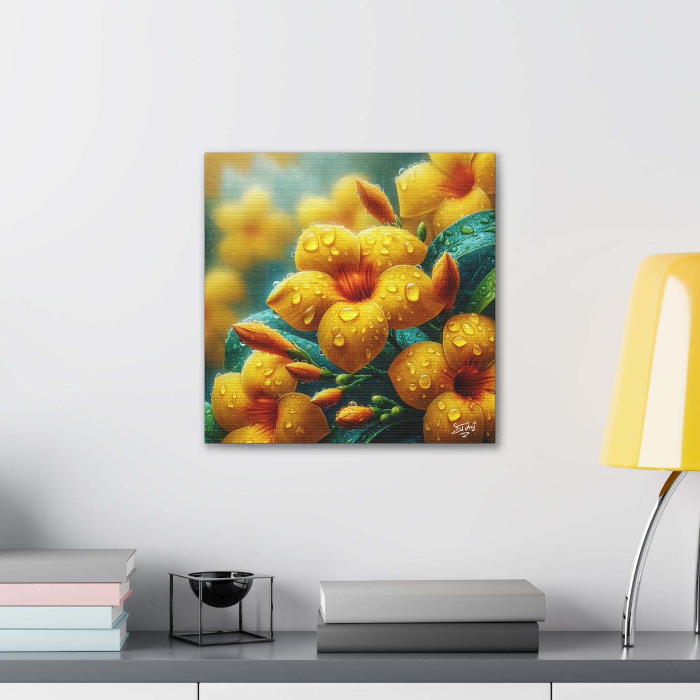 Print of Yellow Allamanda Flowers in the Rain, Oil Paint Finish, Caribbean, Tropical, Canvas Gallery Wraps