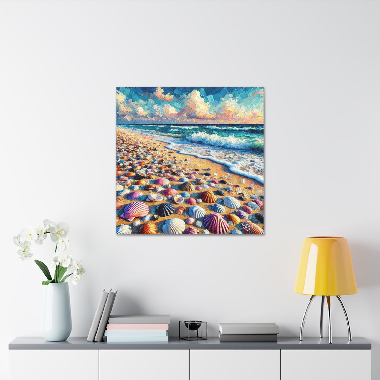 Art Print, Seashells, Caribbean Beach Scene, Abstract, Oil Painting, West Indian Art, Canvas Gallery Wraps