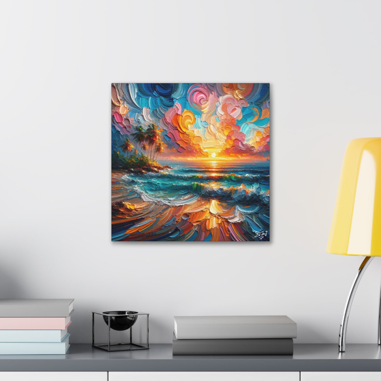 Art Print of Caribbean Sunset Scene, Semi-Abstract, Oil Painting, West Indian Art, Canvas Gallery Wraps