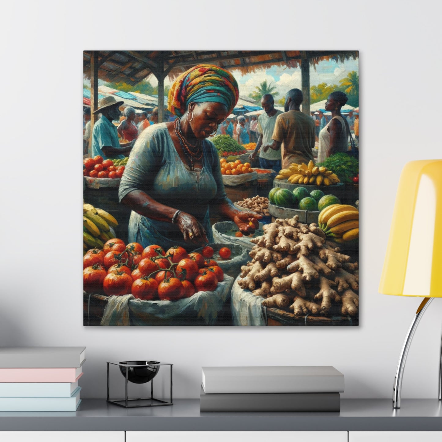 Art Print#5, "Selling at the Market", Market Scene in Trinidad, Caribbean, Oil Finish, West Indian Art, Canvas Gallery Wraps