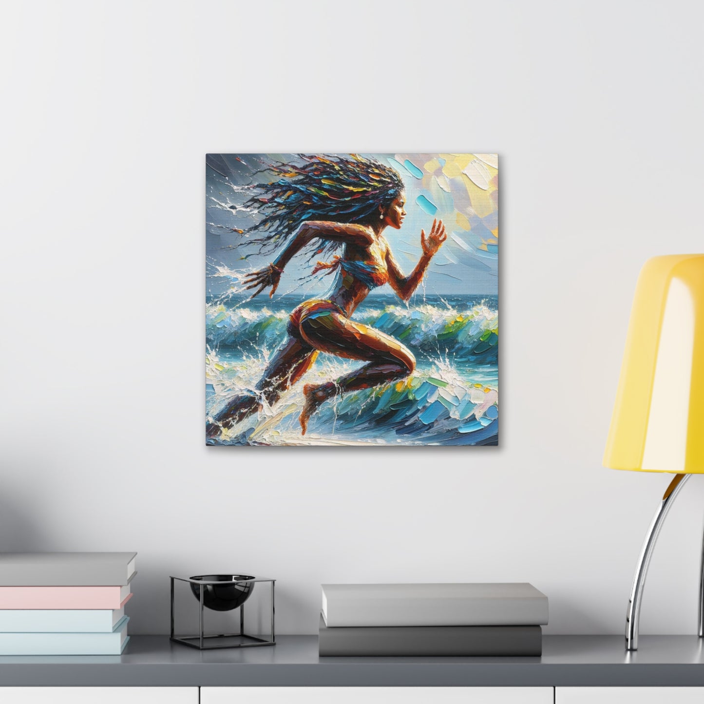 Art Print#3, East Indian Woman from Trinidad running into the Atlantic Ocean, Caribbean, Oil Finish, West Indian Art, Canvas Gallery Wraps