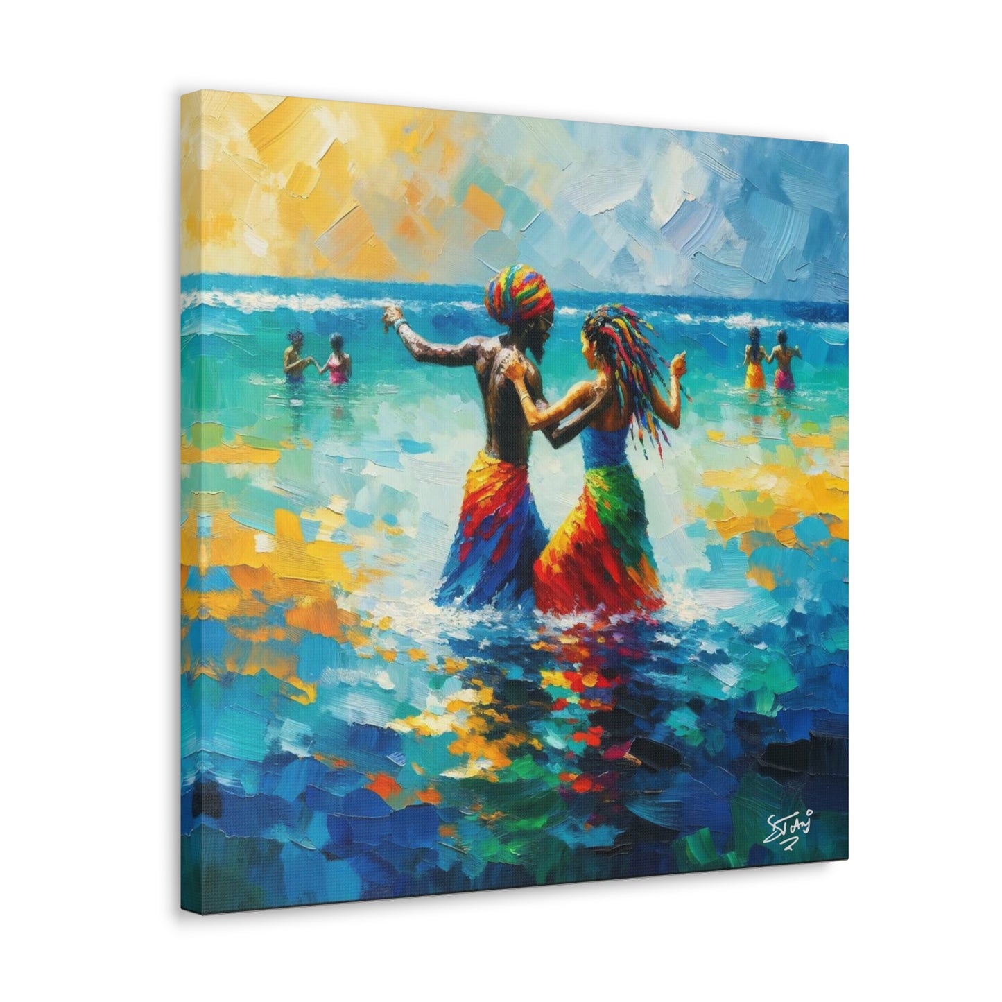 Art Print, Caribbean Couple, "In Our World" Semi-Abstract Oil Finish, West Indian Ethnicity, Cultural, Heritage, Abstract, Canvas Gallery Wrap