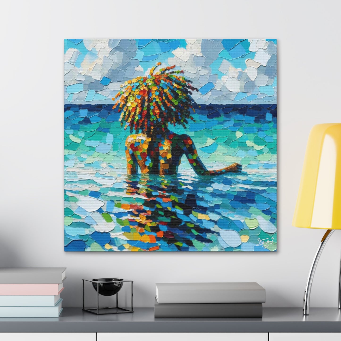 Art Print, Afro-Caribbean Woman, "Sea Bath" Oil Finish, West Indian Ethnicity, Cultural, Heritage, Abstract, Canvas Gallery Wrap