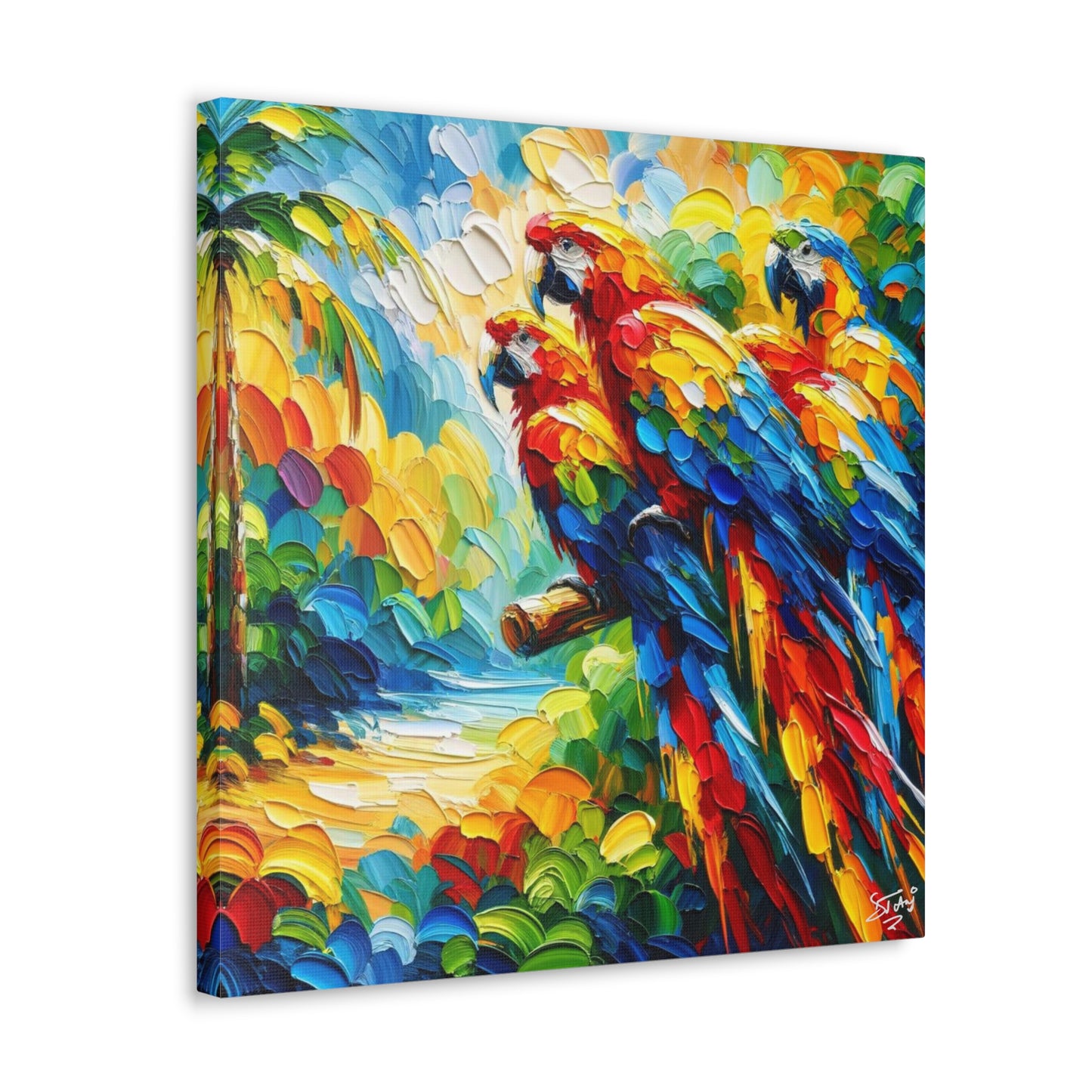 Art Print, The Parrots, Oil Finish, Caribbean Nature, Cultural, Heritage, Semi-Abstract, Canvas Gallery Wrap