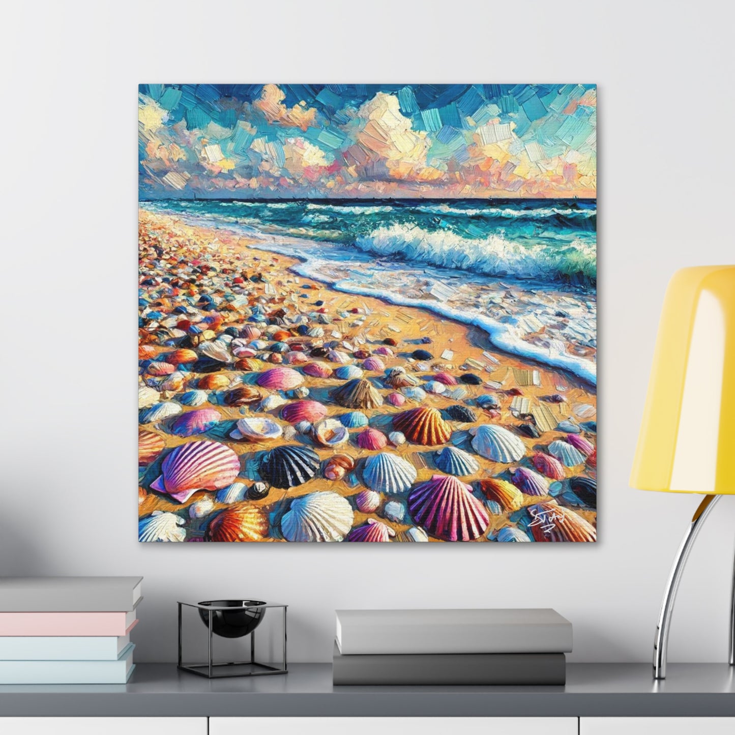 Art Print, Seashells, Caribbean Beach Scene, Abstract, Oil Painting, West Indian Art, Canvas Gallery Wraps