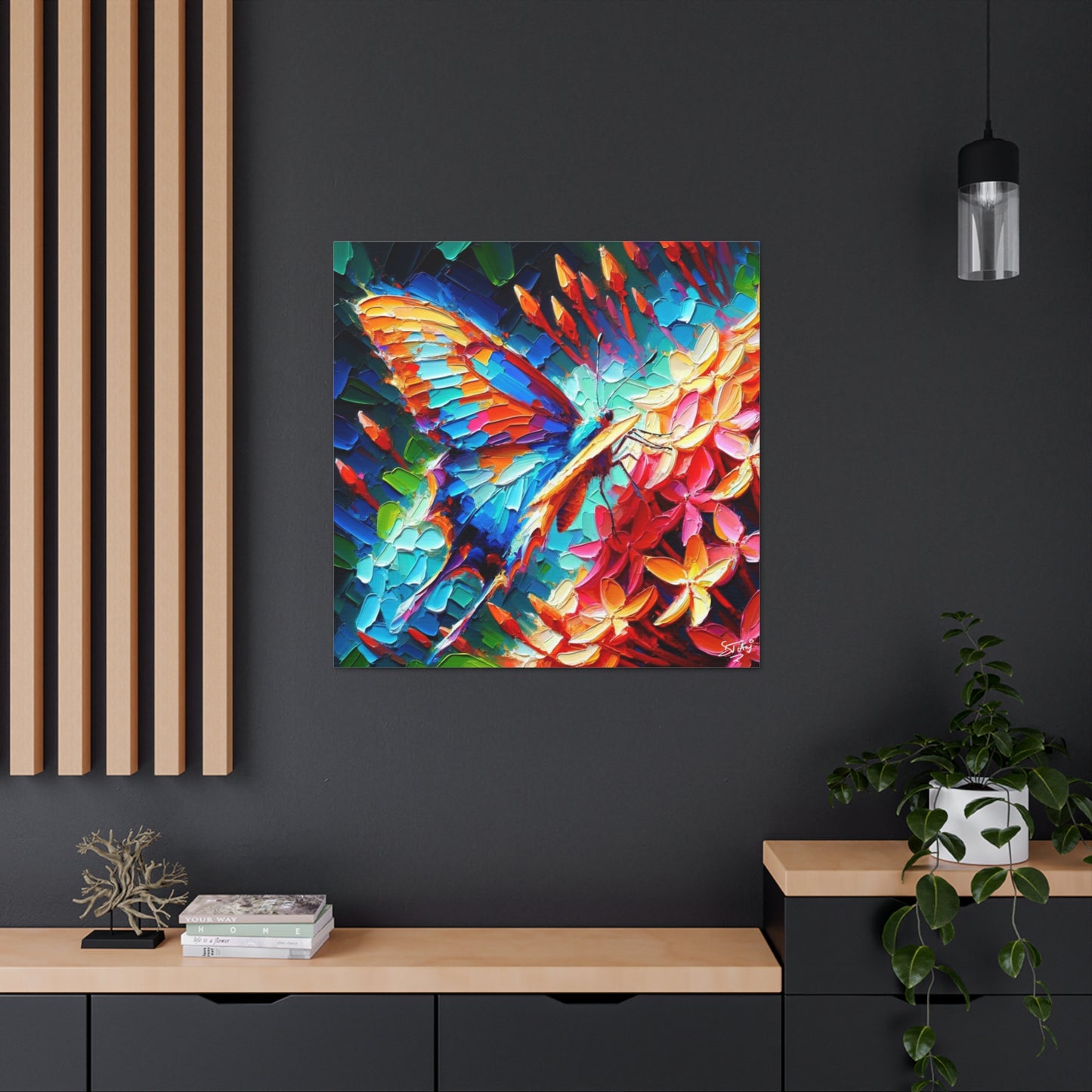 Art Print, Butterfly on Ixoras, Oil Finish, Caribbean Nature, Cultural, Heritage, Semi-Abstract, Canvas Gallery Wrap