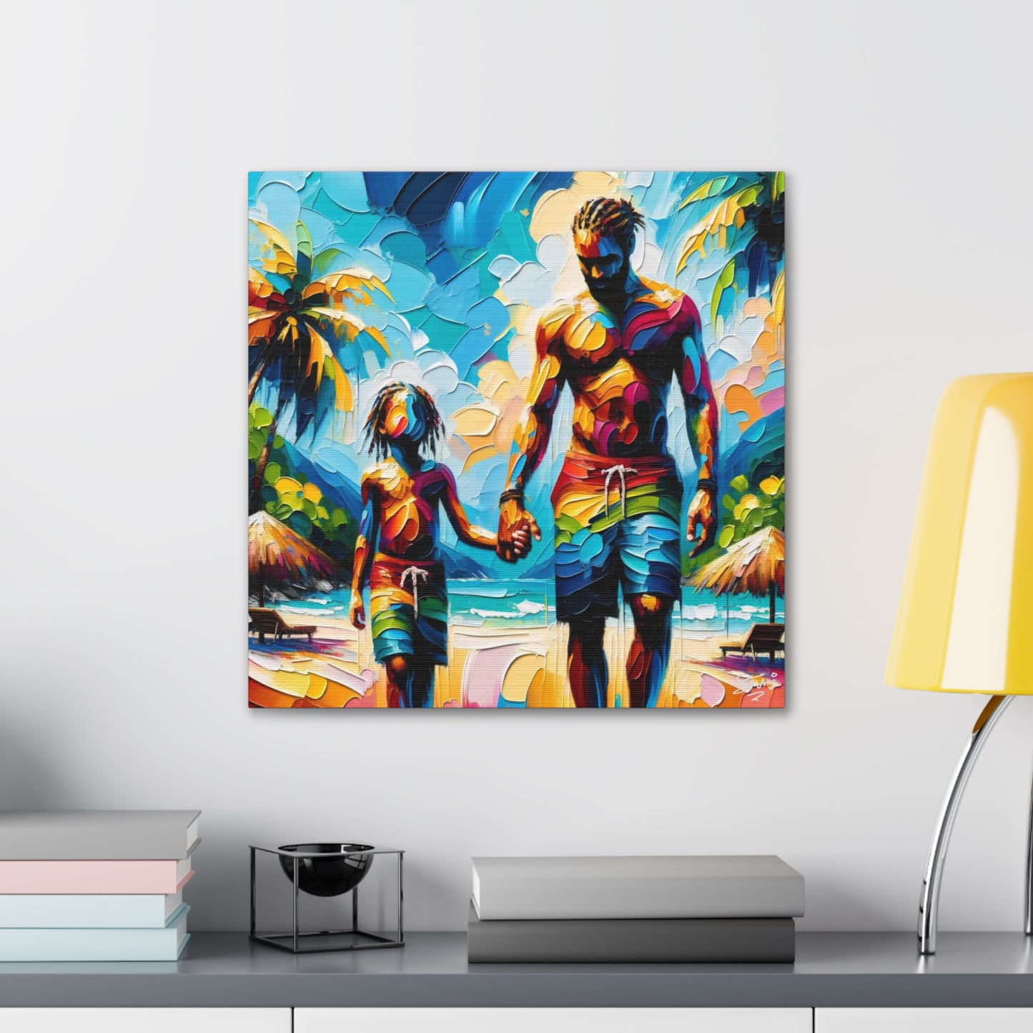 Art Print, Afro-Caribbean Father & Son, Oil Finish, West Indian Ethnicity, Cultural, Heritage, Semi-Abstract, Canvas Gallery Wrap