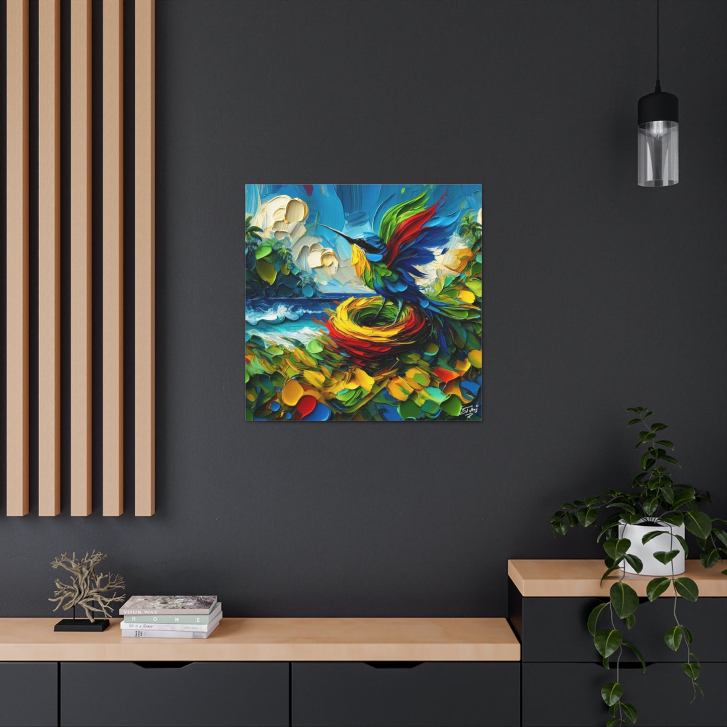 Art Print, Hummingbird, Oil Finish, Caribbean Nature, Cultural, Heritage, Semi-Abstract, Canvas Gallery Wrap