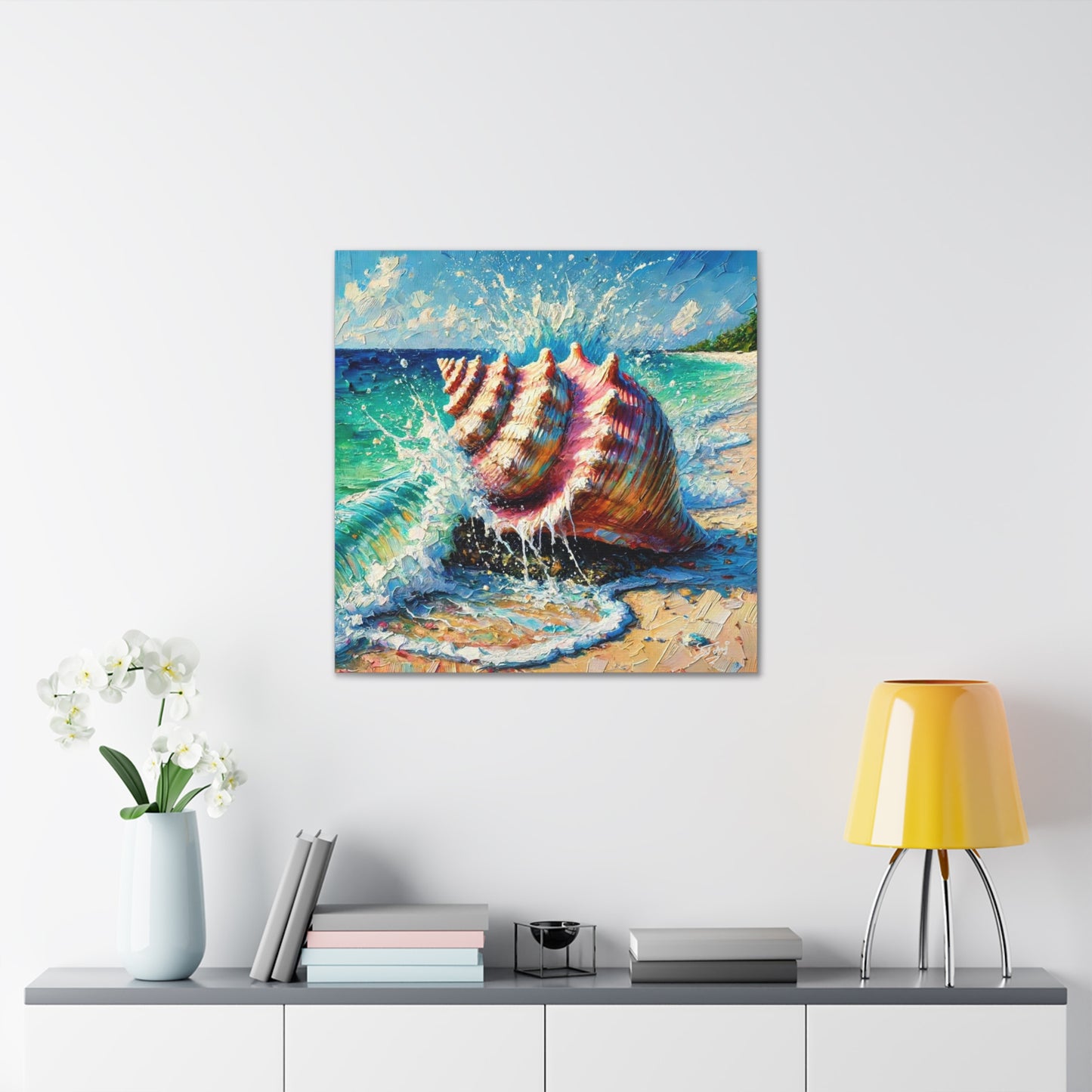 Art Print, Seashell, Caribbean Beach Scene, Abstract, Oil Painting, West Indian Art, Canvas Gallery Wraps