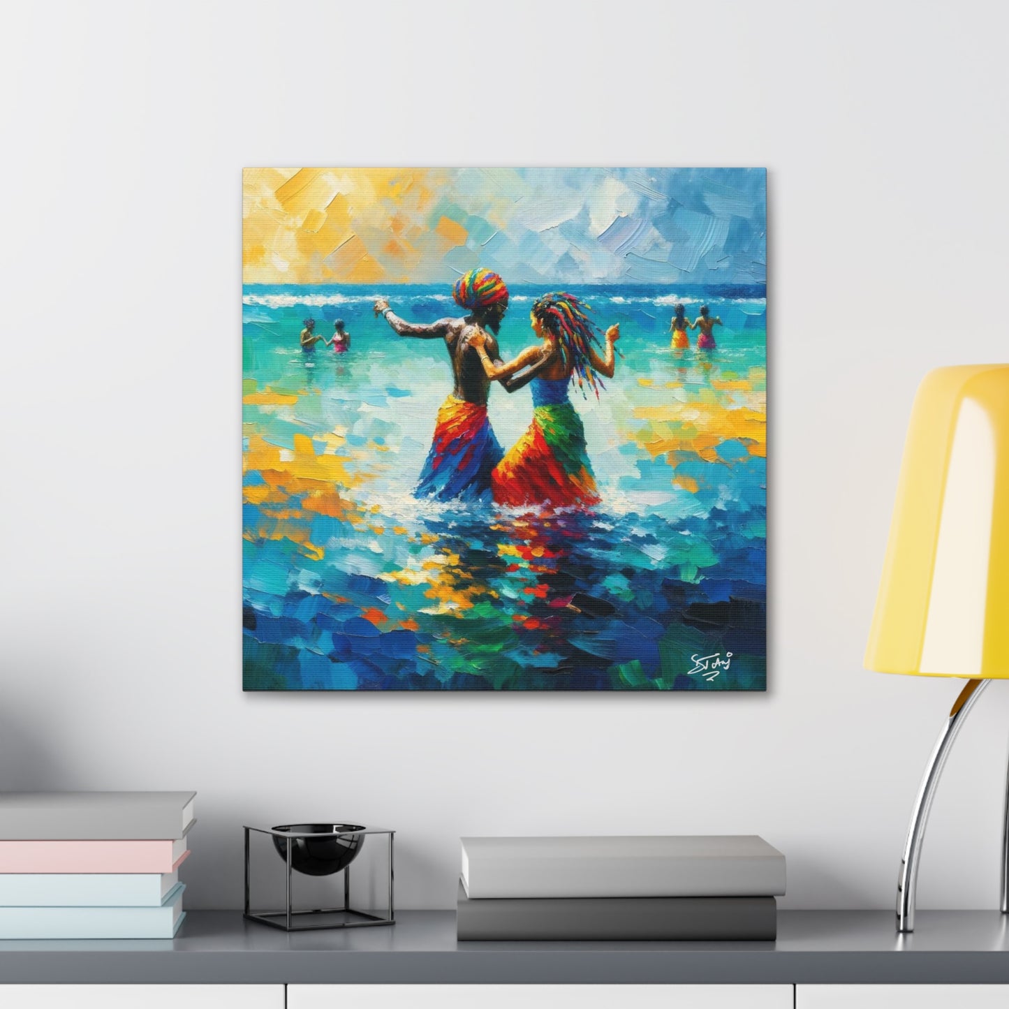 Art Print, Caribbean Couple, "In Our World" Semi-Abstract Oil Finish, West Indian Ethnicity, Cultural, Heritage, Abstract, Canvas Gallery Wrap