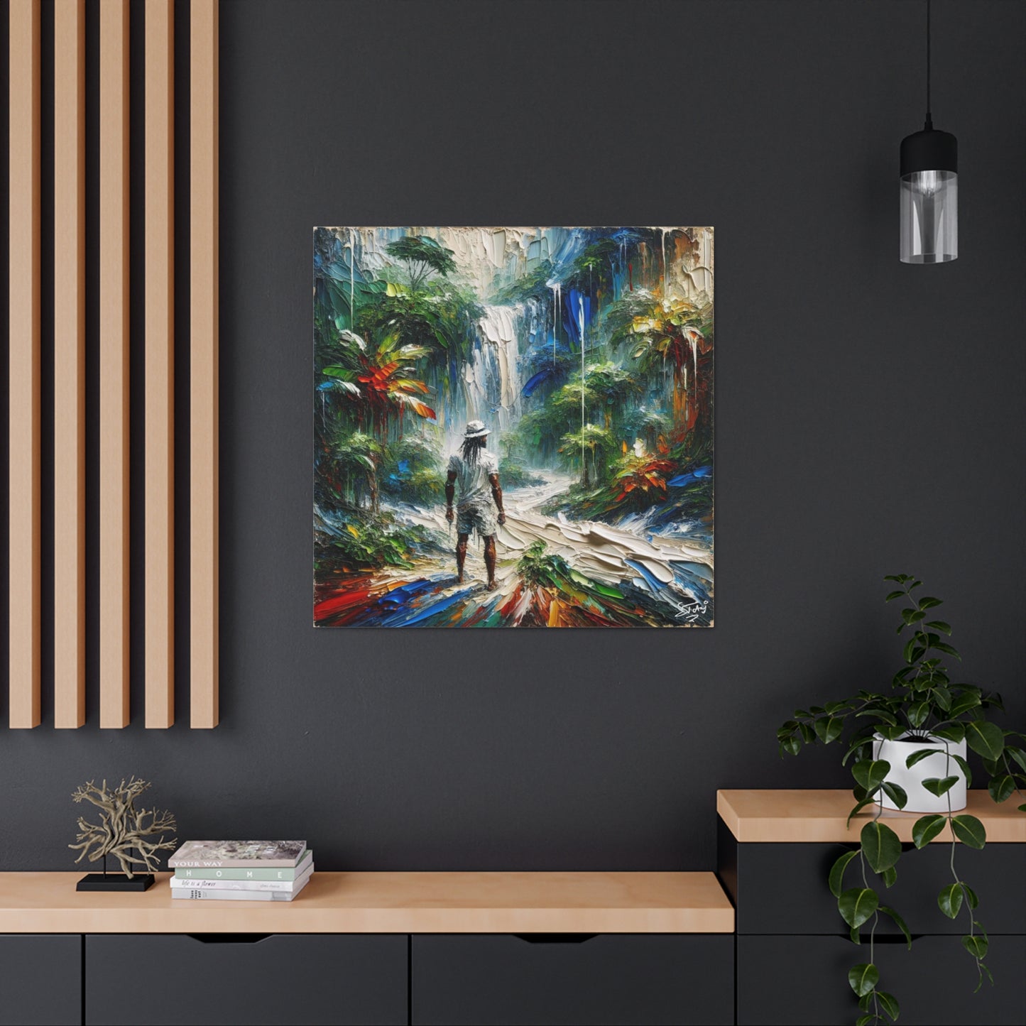 Art Print of Caribbean Man at Waterfall, West Indian Art, Canvas Gallery Wraps