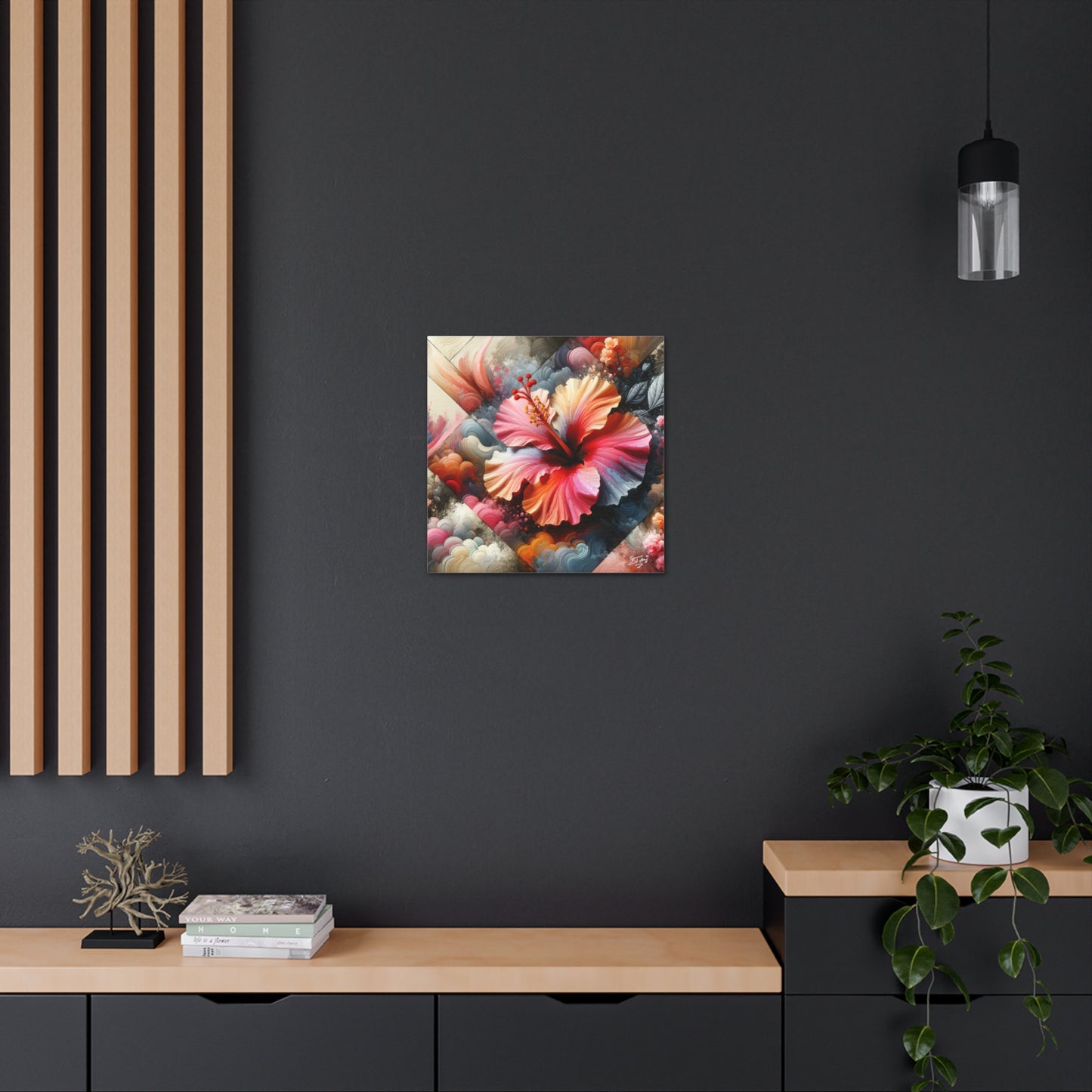 Oil Print of a Pink Hibiscus Flower, Close-up View, Semi-abstract, Caribbean, Vibrant Vivid Colors, Canvas Gallery Wraps