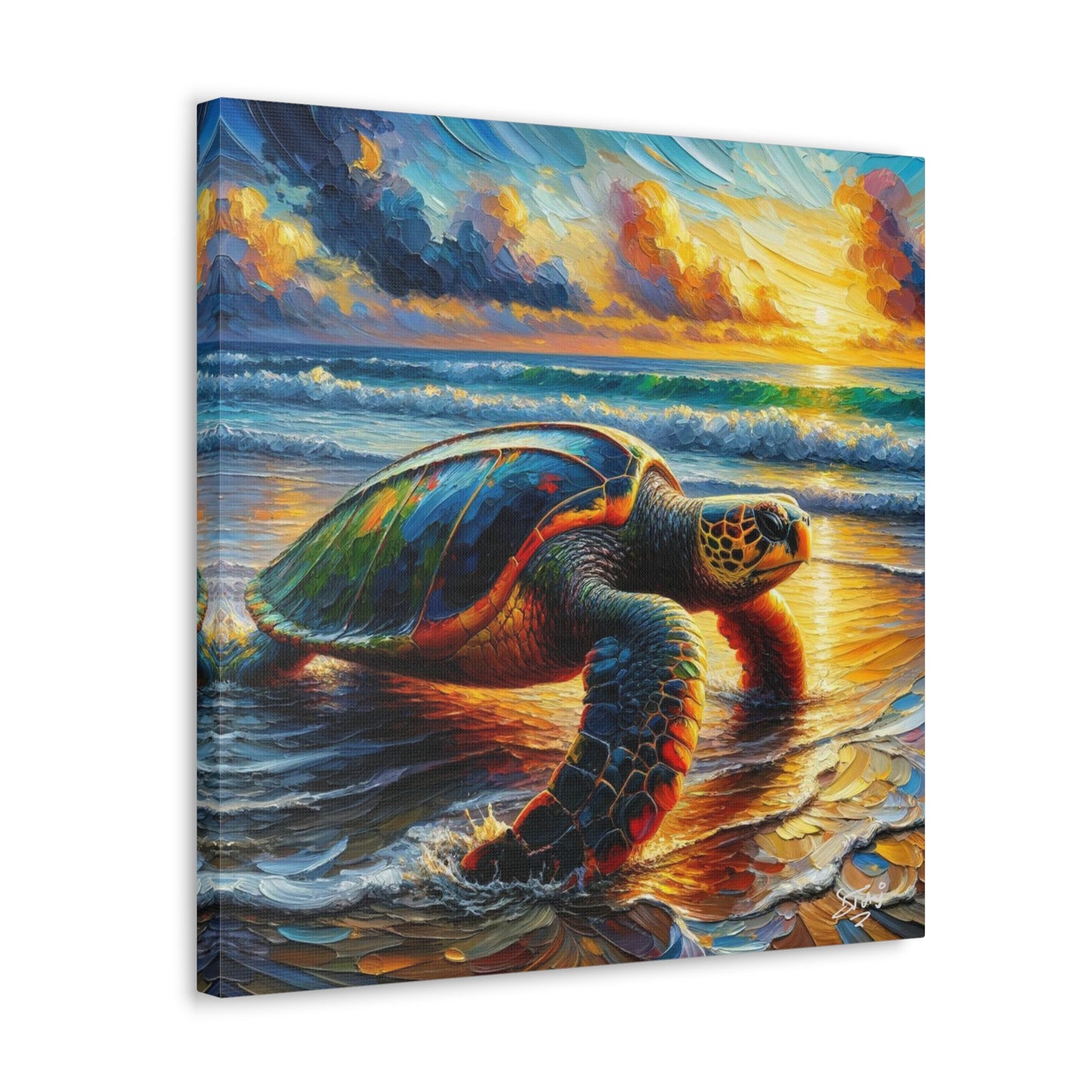 Art Print, Turtle at Sunset, Caribbean Wildlife, Oil Finish, Caribbean Nature, Culture, Heritage, Canvas Gallery Wrap