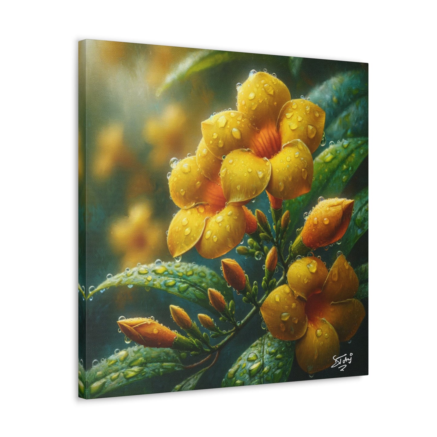 Print#2 of Yellow Allamanda Flowers in the Rain, Oil Paint Finish, Caribbean, Tropical, Canvas Gallery Wraps