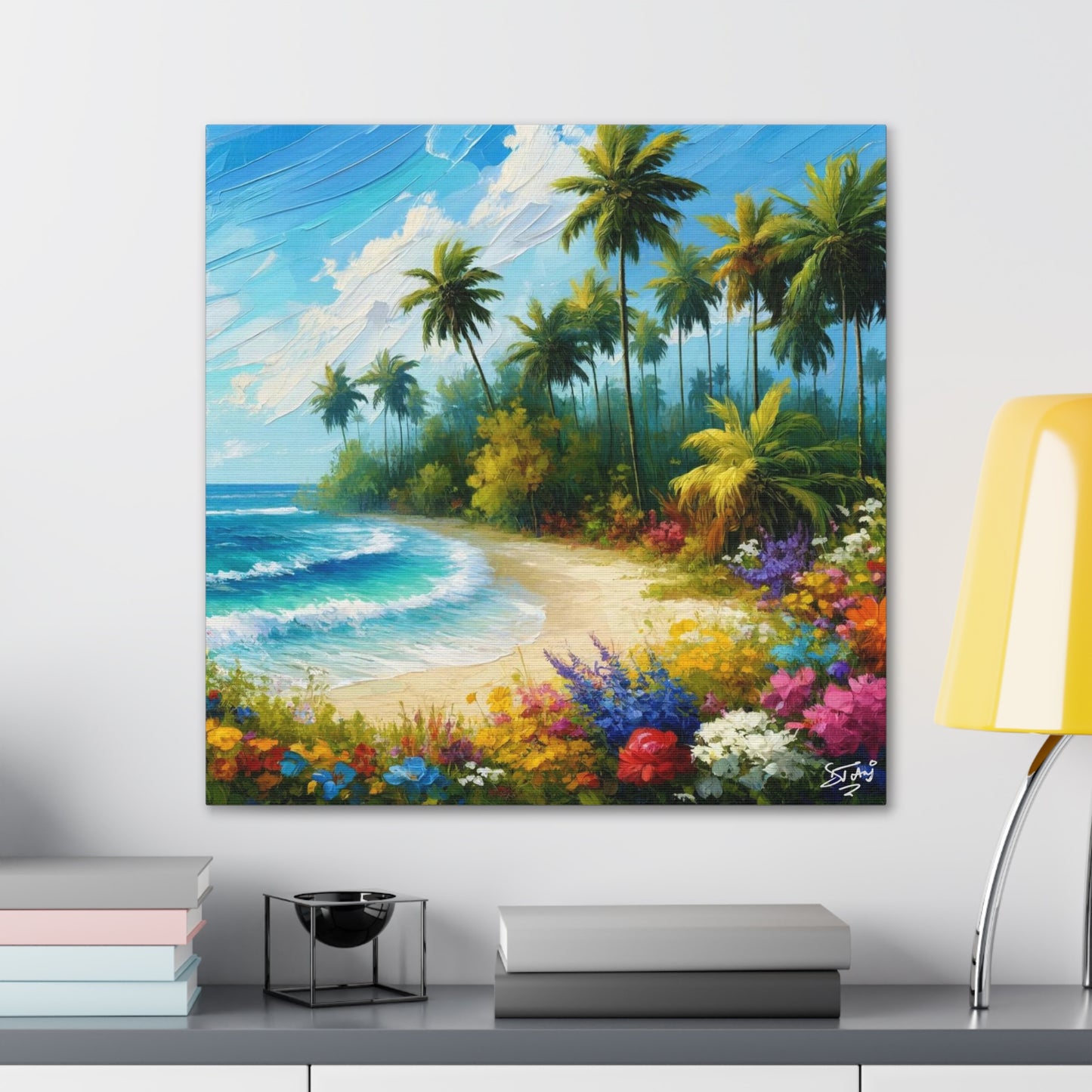 Art Print of Caribbean Beach Scene, Abstract, Oil Painting, West Indian Art, Canvas Gallery Wraps