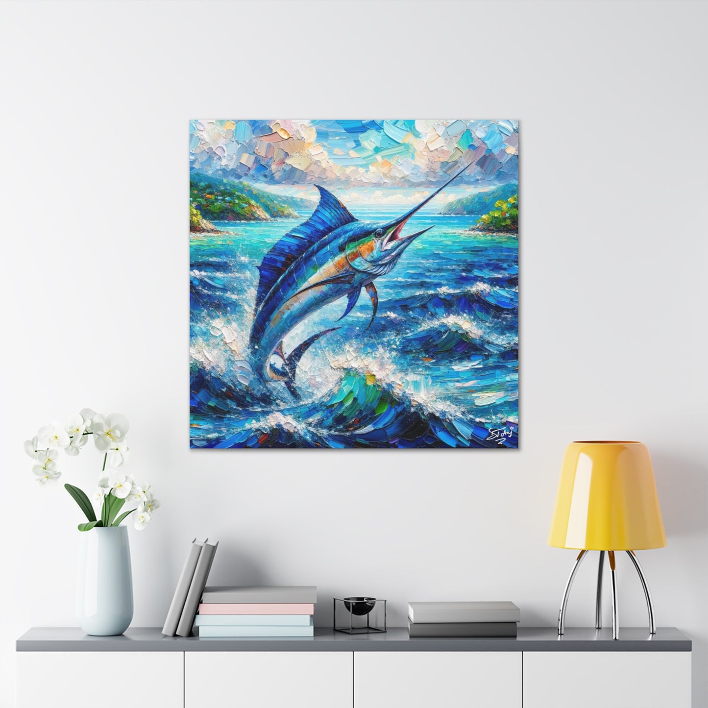 Art Print, Blue Marlin, Oil Finish, Caribbean Nature, Canvas Gallery Wrap