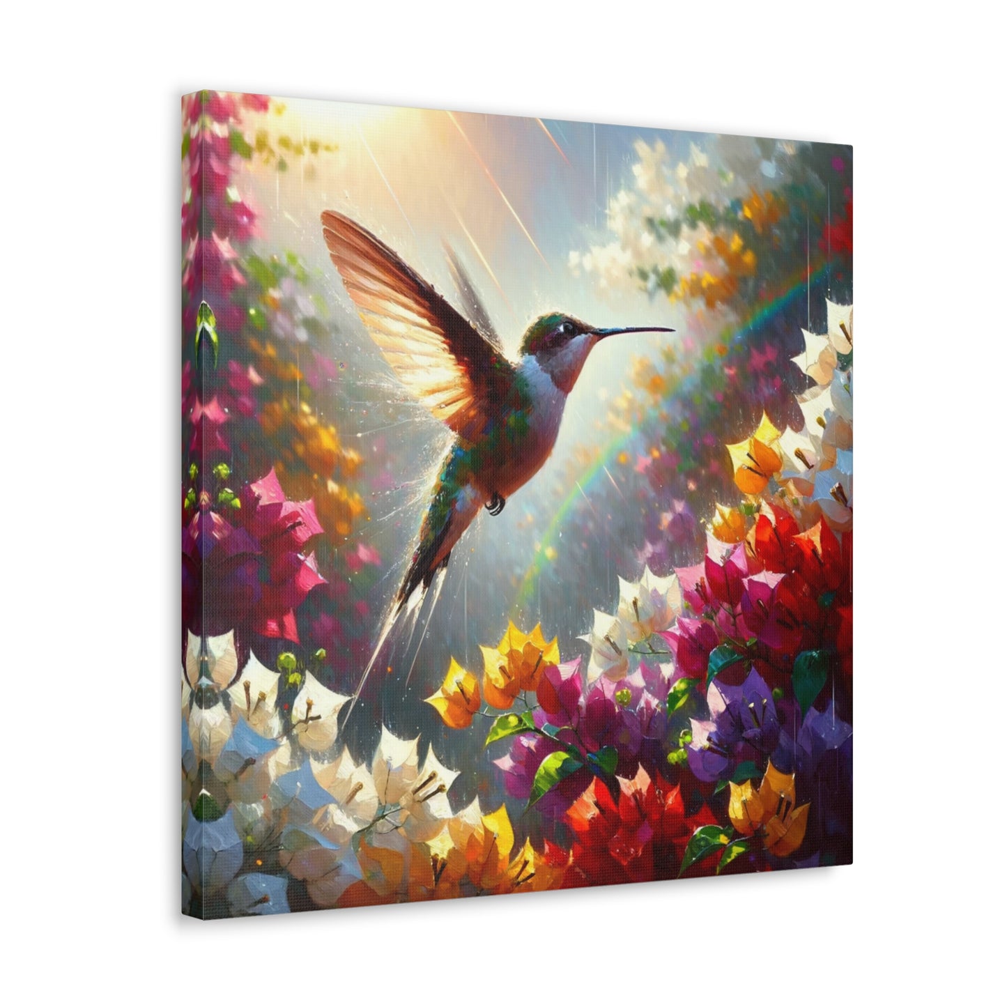 Art Print#3 of Hummingbird in Flight...in the Sun and Rain, Bougainvillea, Caribbean, Oil Finish, West Indian Art, Canvas Gallery Wraps