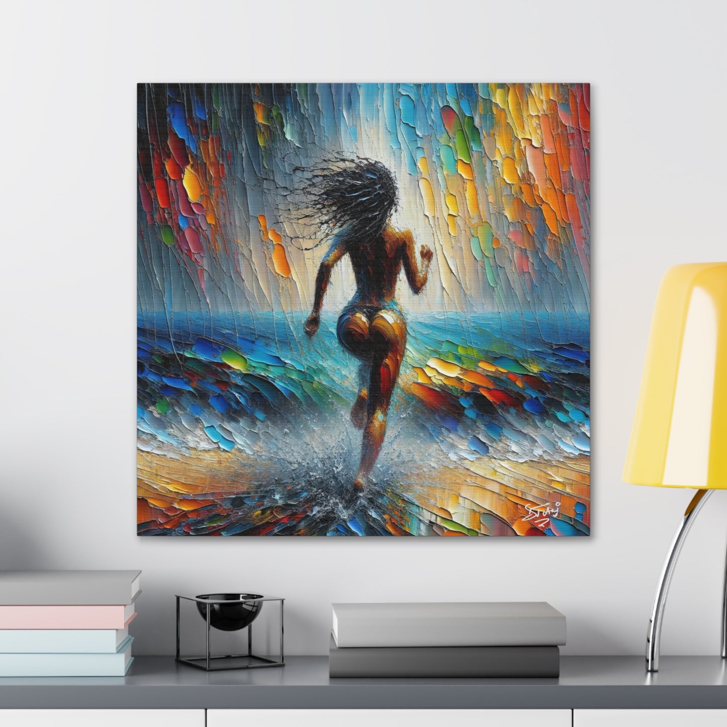 Art Print, Dougla Woman "Running Into the Storm" Oil Finish, West Indian Ethnicity, Cultural, Heritage, Semi-Abstract, Canvas Gallery Wrap