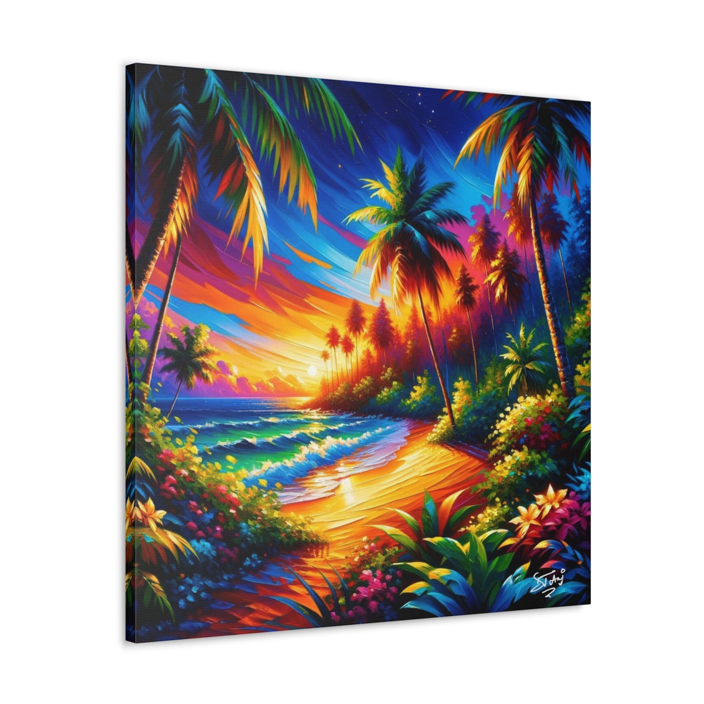 Art Print of Caribbean Beach Sunset Scene, Semi-Abstract Oil Painting, West Indian Art, Canvas Gallery Wraps