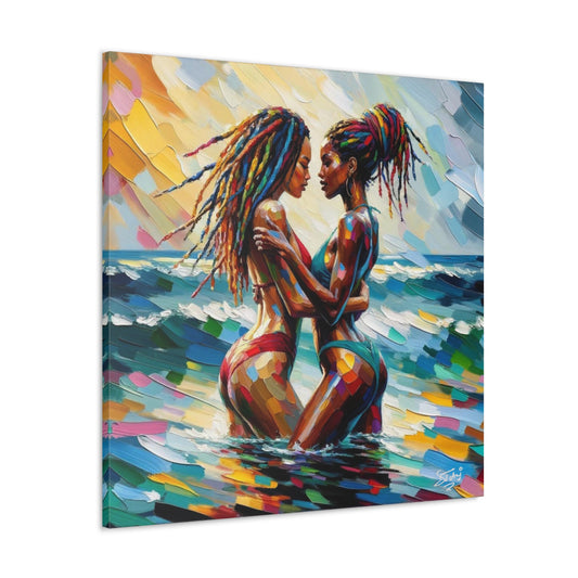 Art Print, Caribbean Couple, "In Our World" Semi-Abstract Oil Finish, West Indian Ethnicity, Cultural, Heritage, Abstract, Canvas Gallery Wrap